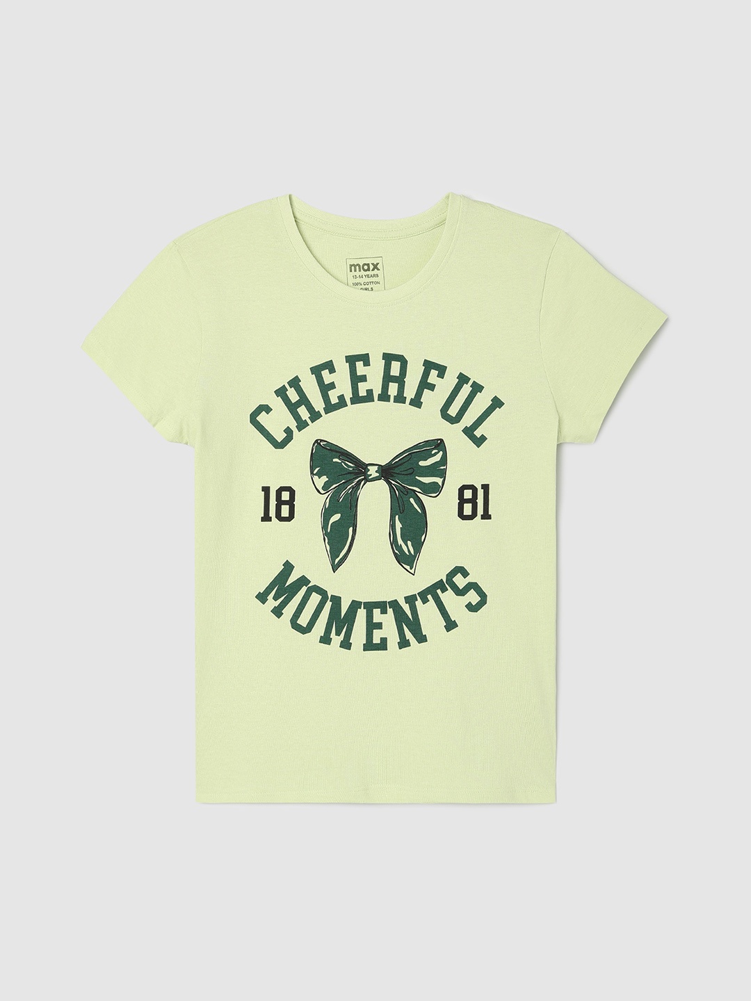 

max Girls Typography Printed Round Neck Cotton T-shirt, Green