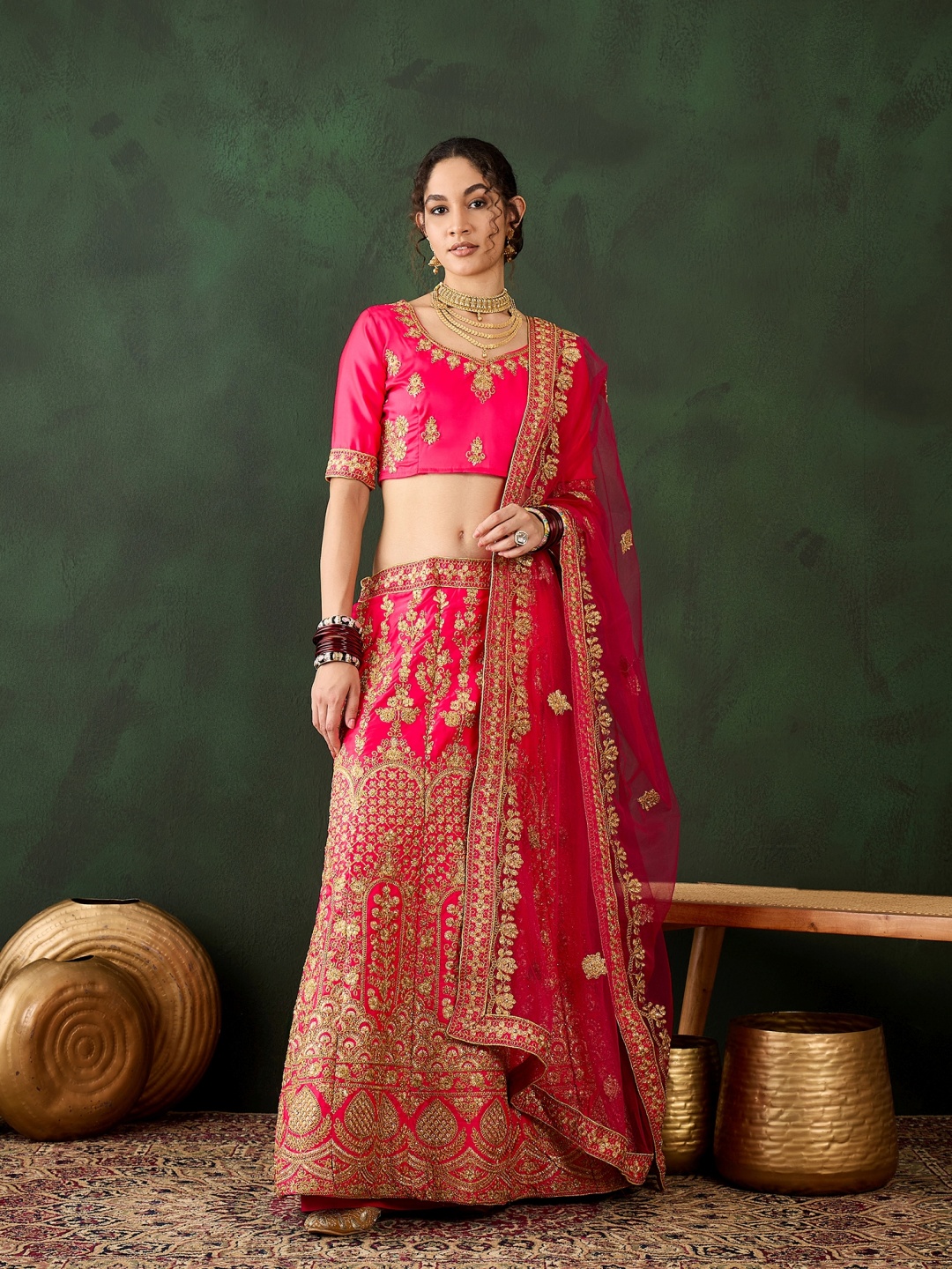 

DEVATITHI Embroidered Thread Work Silk Semi-Stitched Lehenga & Blouse With Dupatta, Pink