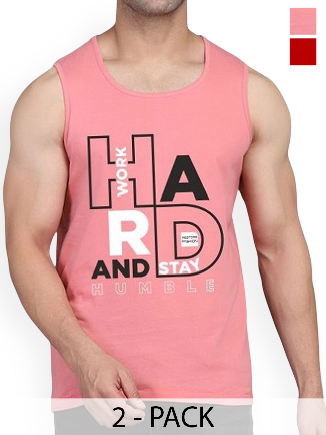 

WOOSTRO Pack Of 2 Printed Combed Cotton Gym Vest RS26 CMB (HARD PEACH) (HARD RED)
