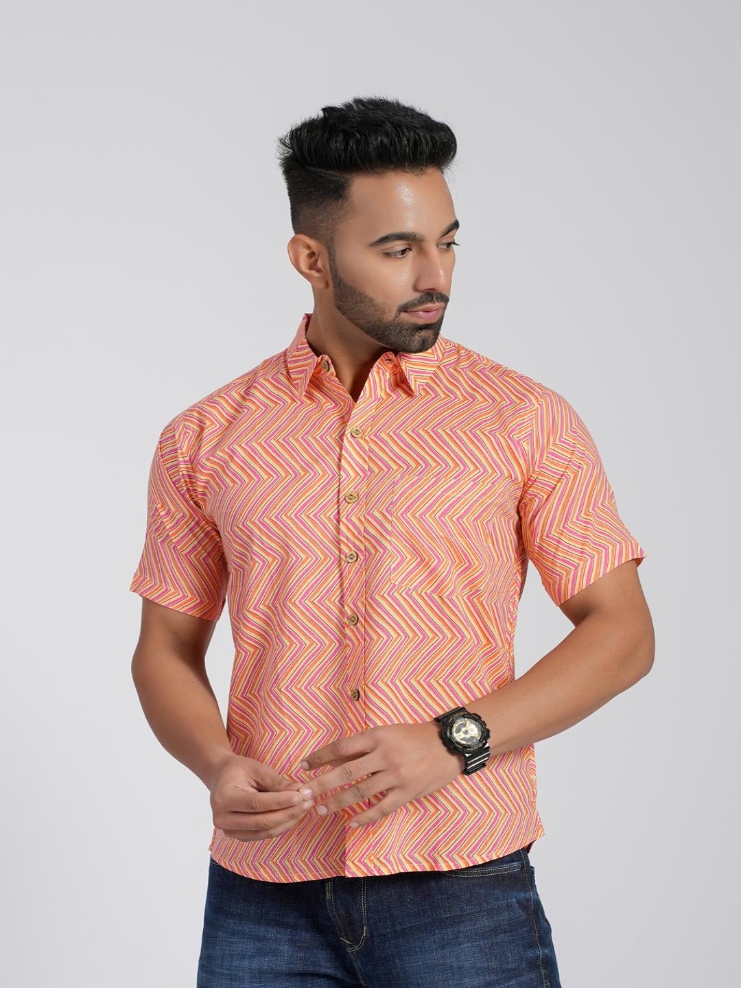 

Cotton Curio Men Comfort Opaque Printed Casual Shirt, Orange