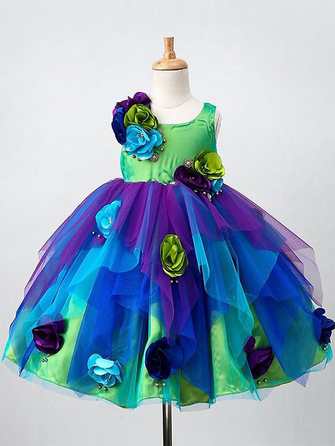 

Li & Li Boutique Girls Floral Maxi Asymmetrical Multi Peacock Flower Frock Gown Dress, Blue
