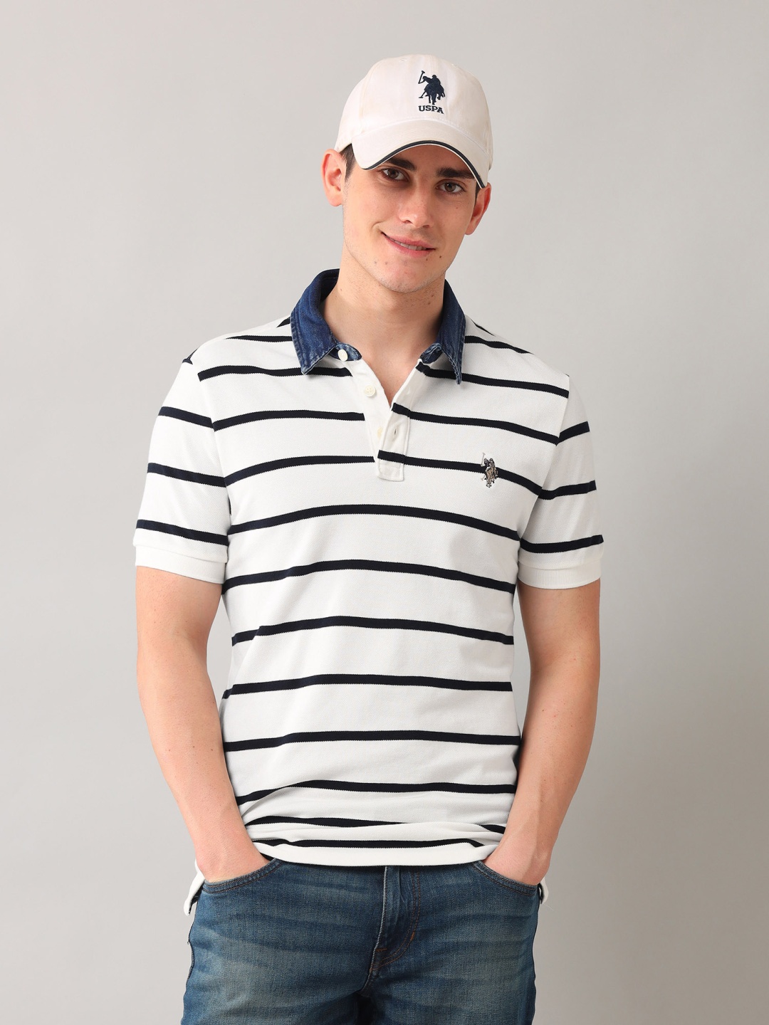 

U.S. Polo Assn. Denim Co. Men Striped Polo Collar Cotton Slim Fit T-shirt, White