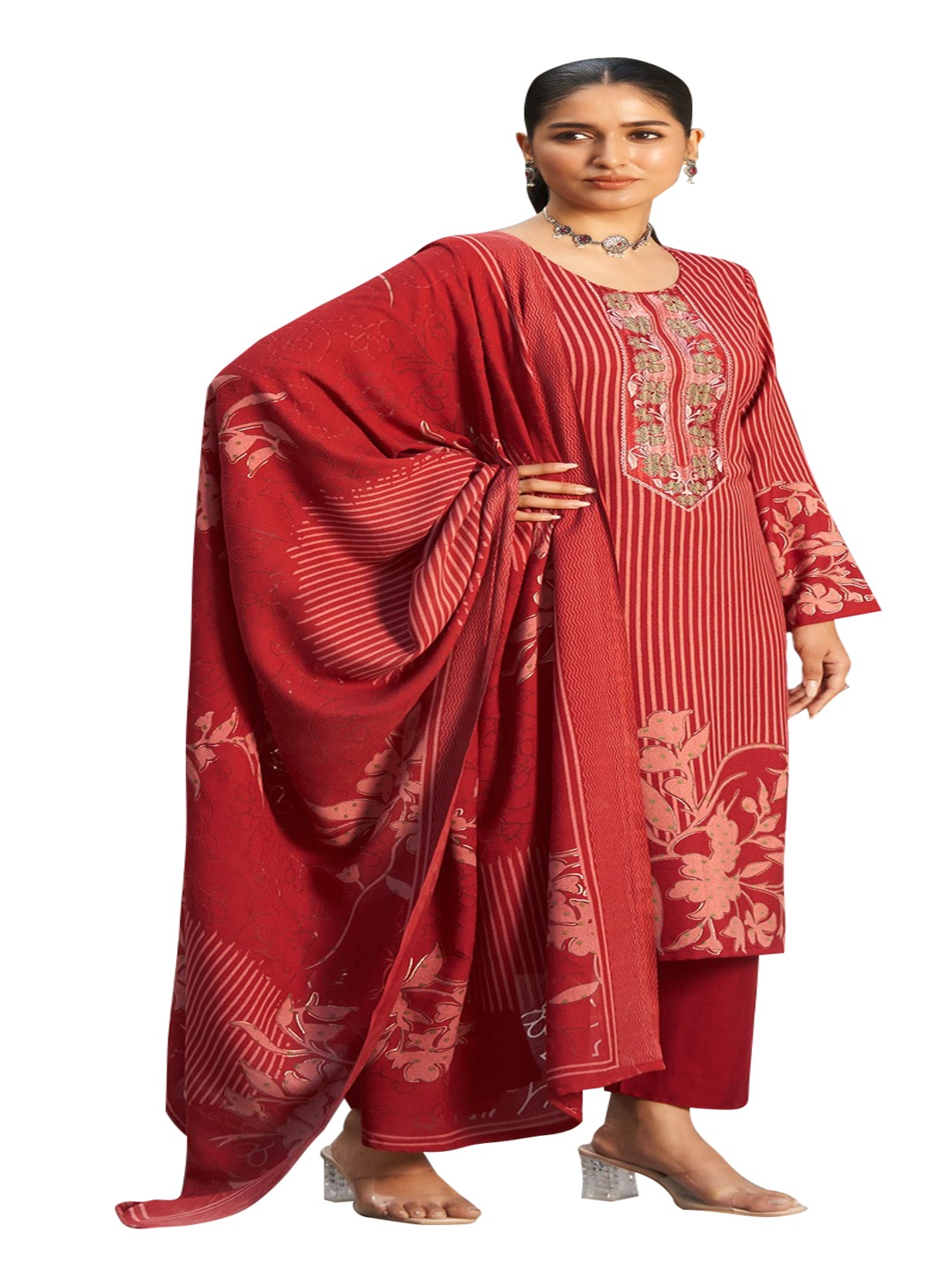 

DRAVINAM Trends Floral Embroidered Pashmina Unstitched Dress Material, Red