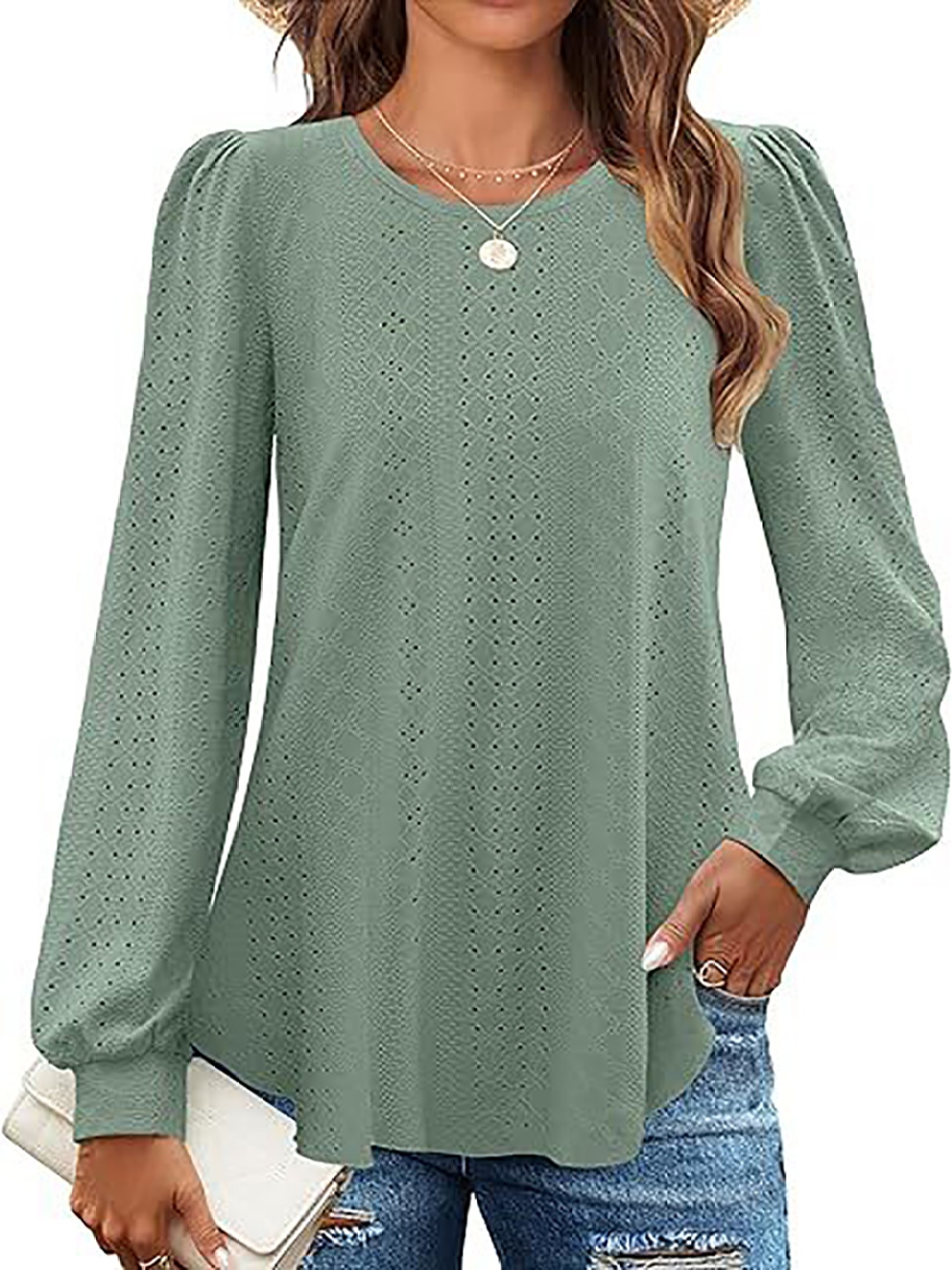 

StyleCast x Revolte Solid Round Neck Cuffed Sleeves Regular Longline Top, Green