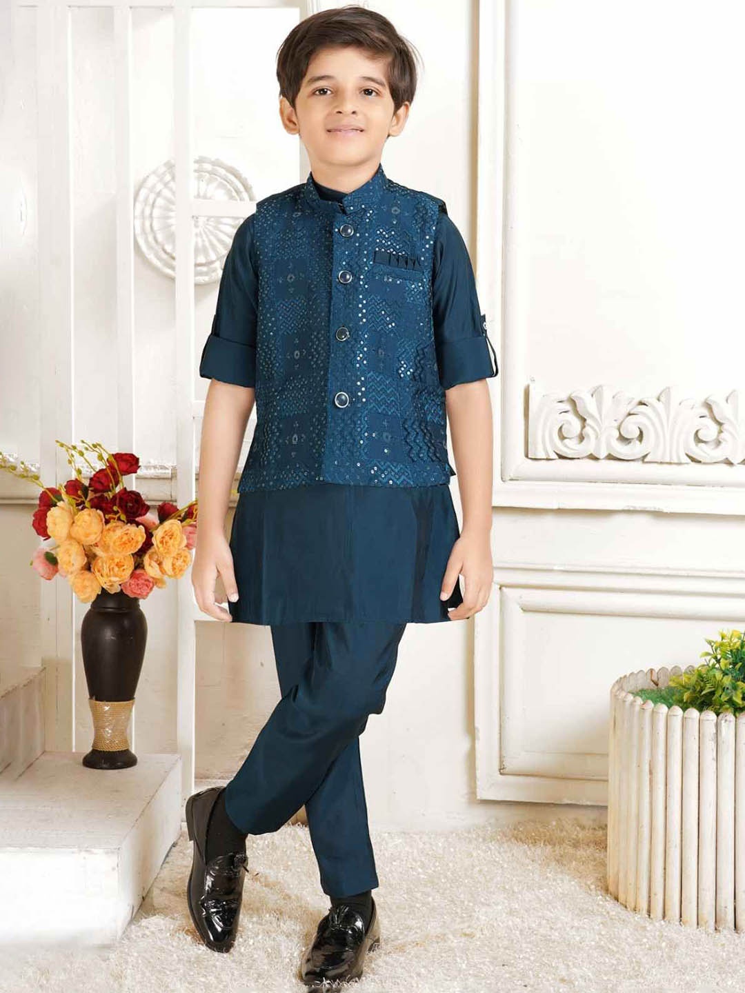 

Lagorii Boys Mandarin Collar Sequinned Pure Silk Kurta With Trousers & Waistcoat, Teal