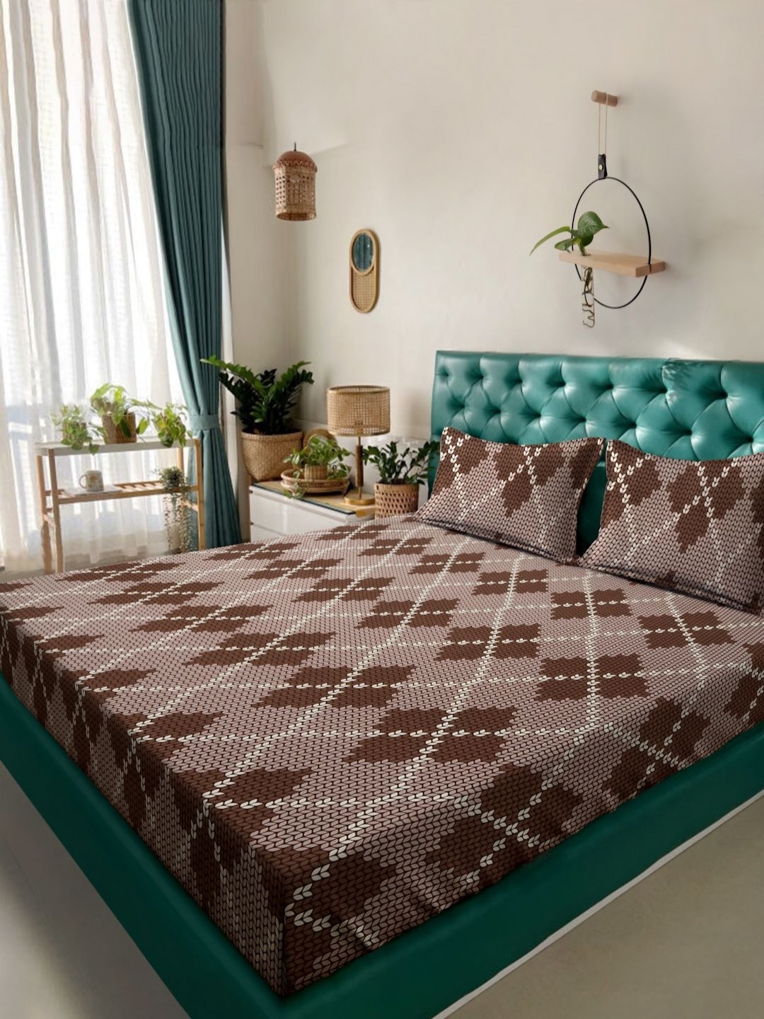 

HOSTA HOMES Brown & Grey Geometric Printed 280 TC King Bedsheet Set 2.54 m X 2.72 m