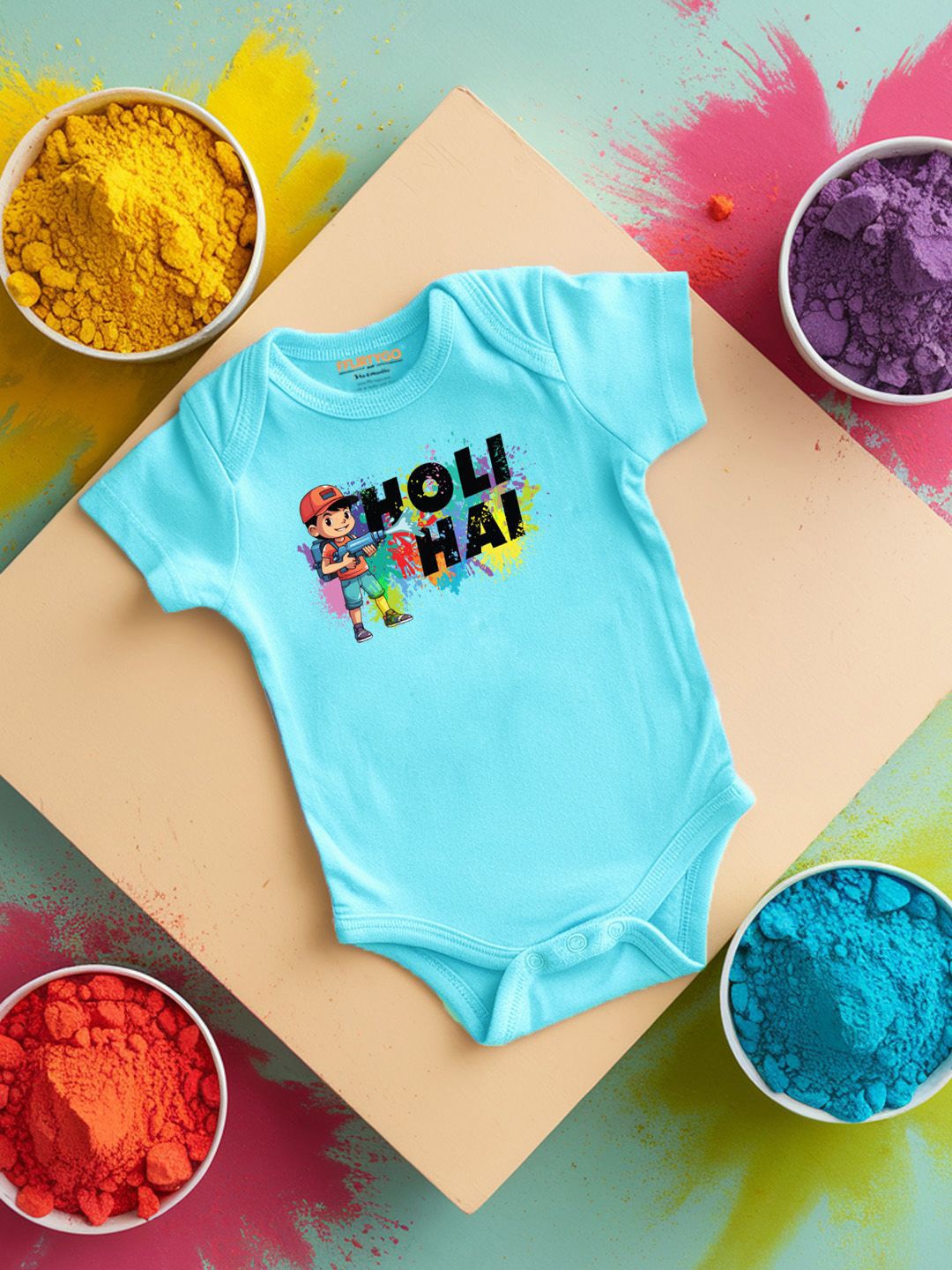 

FFLIRTYGO Infants Holi Printed Cotton Bodysuit, Turquoise blue