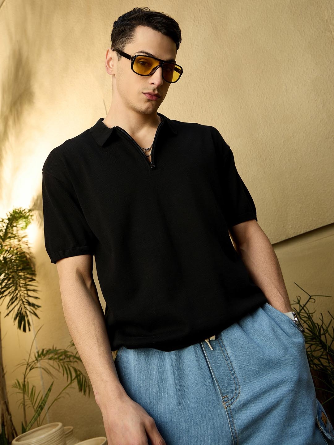 

DENNISON Men Oversized Polo Collar Knitted T-Shirt, Black