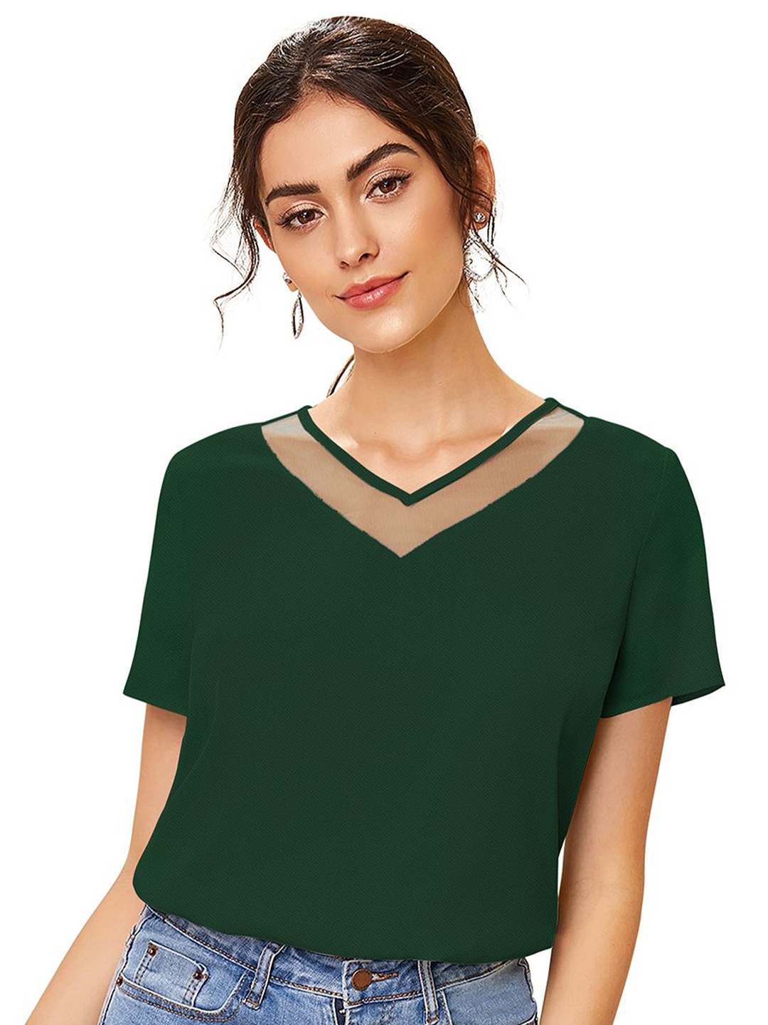 

Fashion Care Women V-Neck Short Sleeves Top, Green