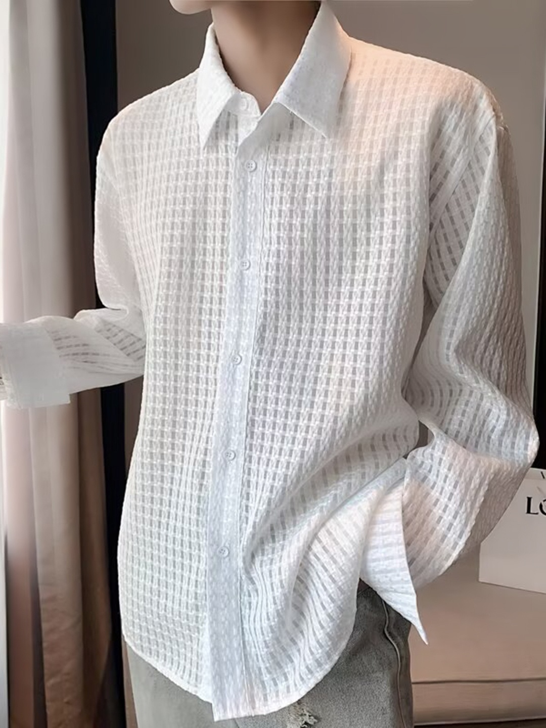 

HERE&NOW Men Smart Oversized Fit Spread Collar Textured Casual Shirt, White