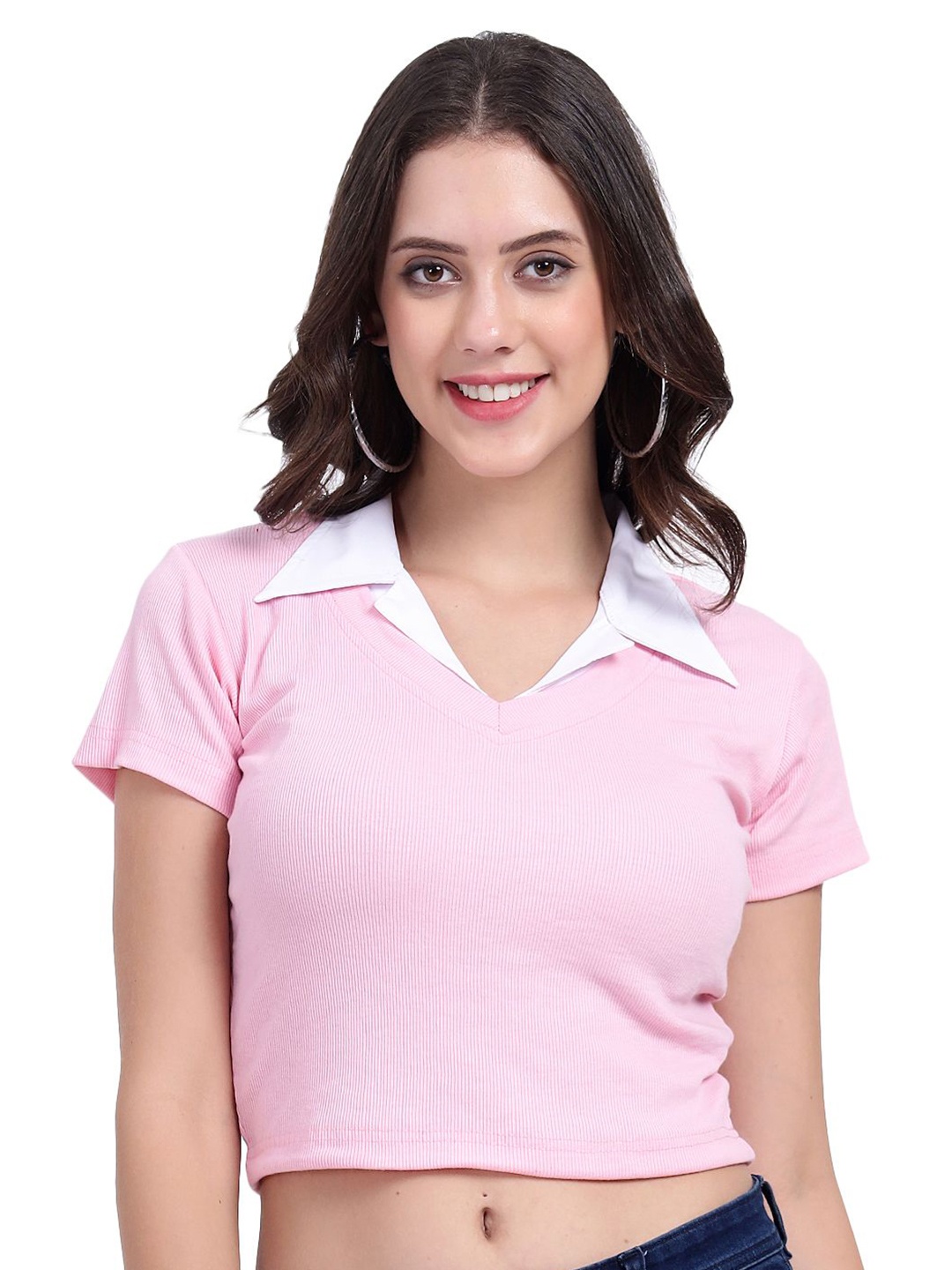 

The Roadster Lifestyle Co. Women Rib Crop Top With Collar, Pink