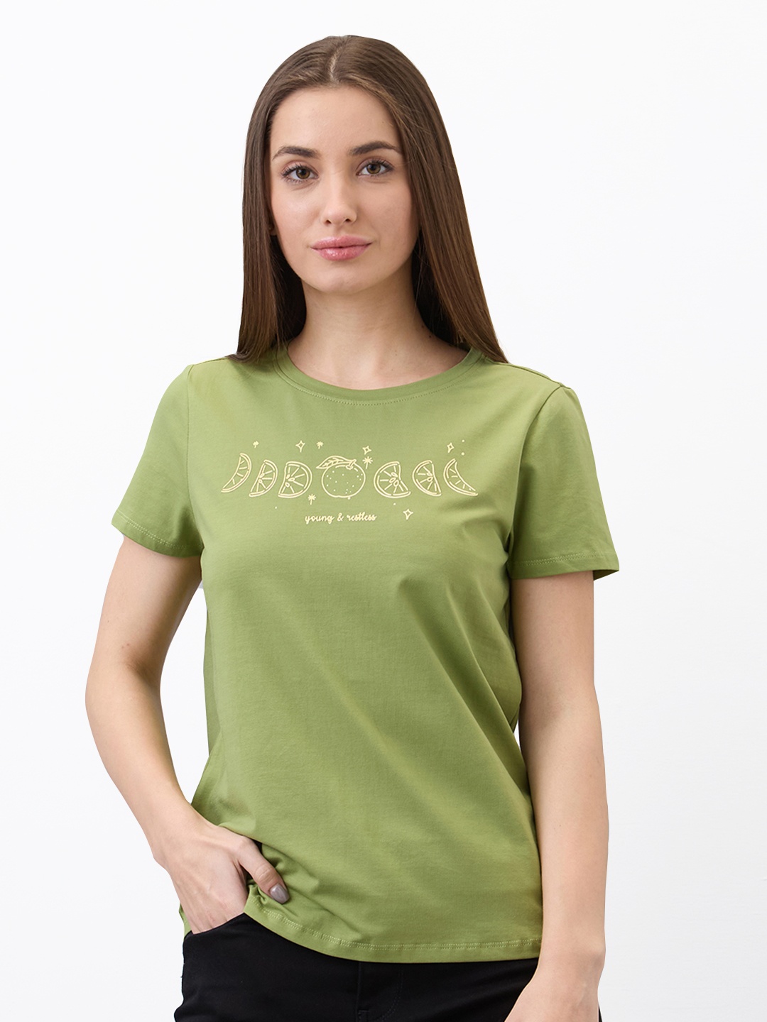 

SPYKAR Women Regular Fit Graphic Printed Round Neck Cotton T-shirt, Green