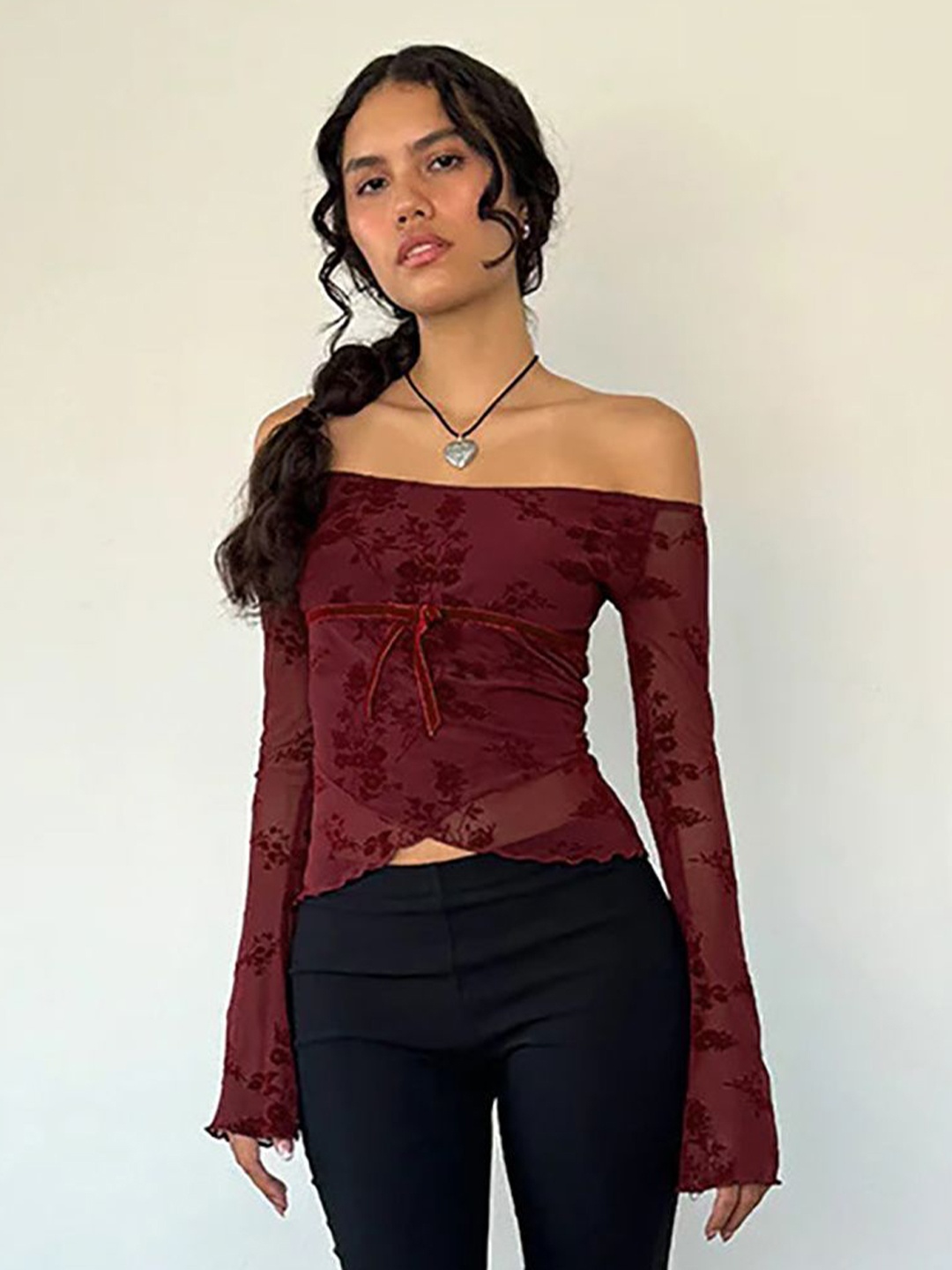 

StyleCast x Revolte Floral Embroidered Off-Shoulder Semi Sheer Crop Top, Maroon