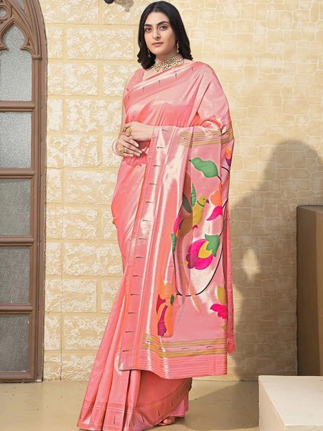 

saretramall Woven Design Zari Paithani Saree, Peach