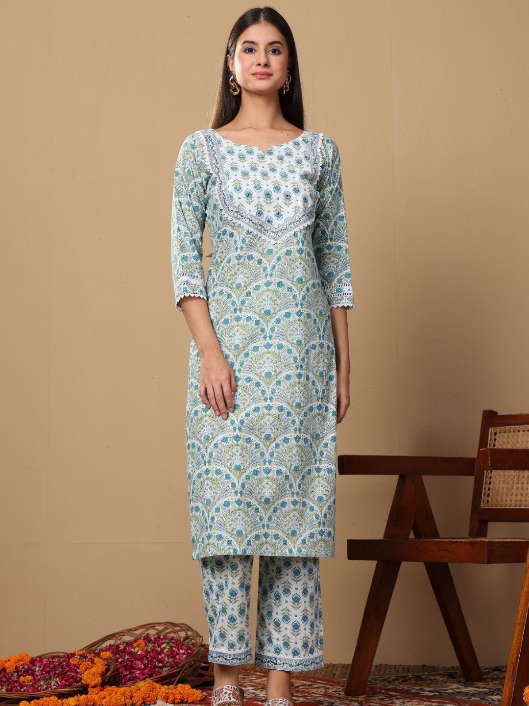 

Lative Colours of Fashion Printed Mirror Work Pure Cotton Kurta with Trouser & Dupatta, Off white