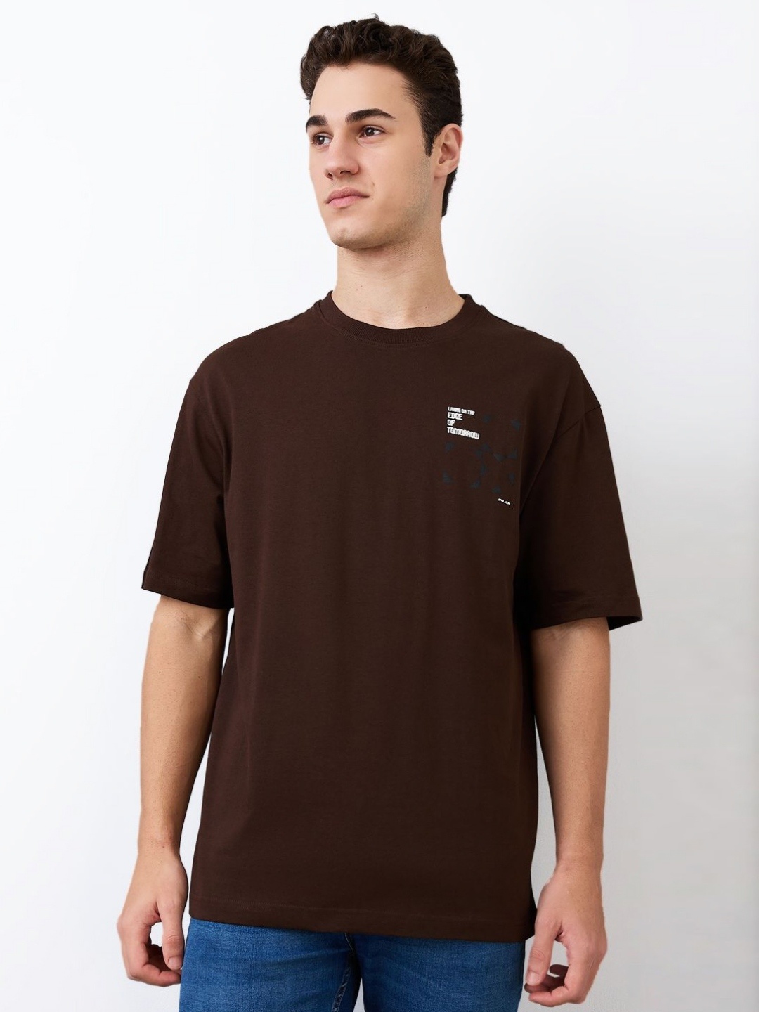 

SPYKAR Men Graphic Printed Round Neck Cotton Relaxed Fit T-shirt, Brown