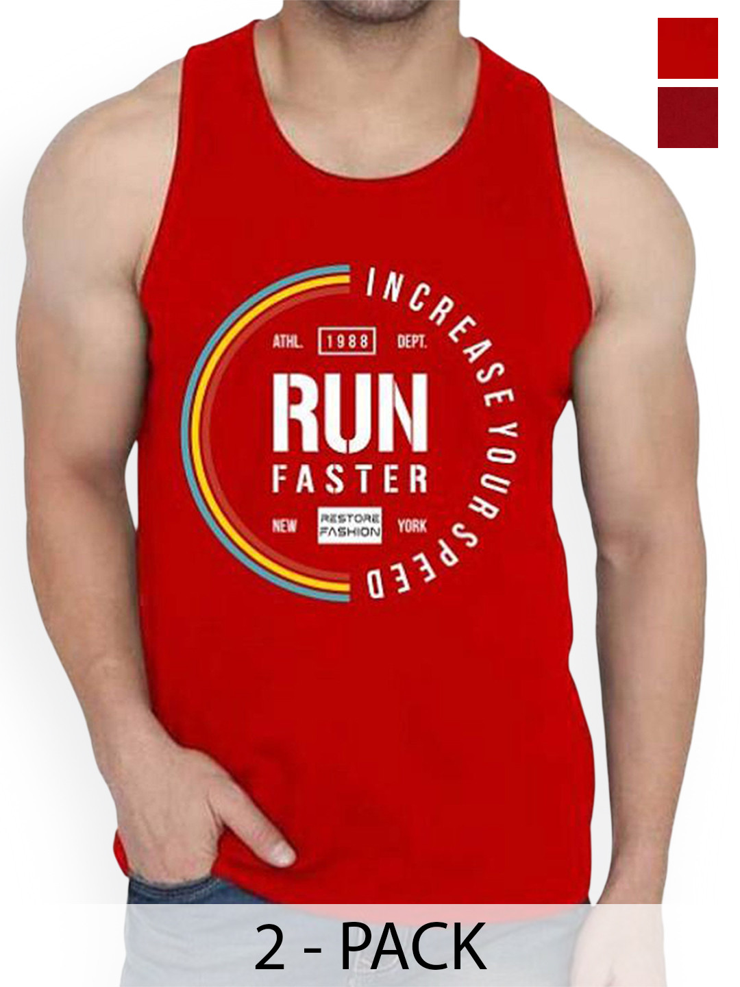 

Woostro Men Pack Of 2 Printed Cotton Gym Innerwear Vests, Red