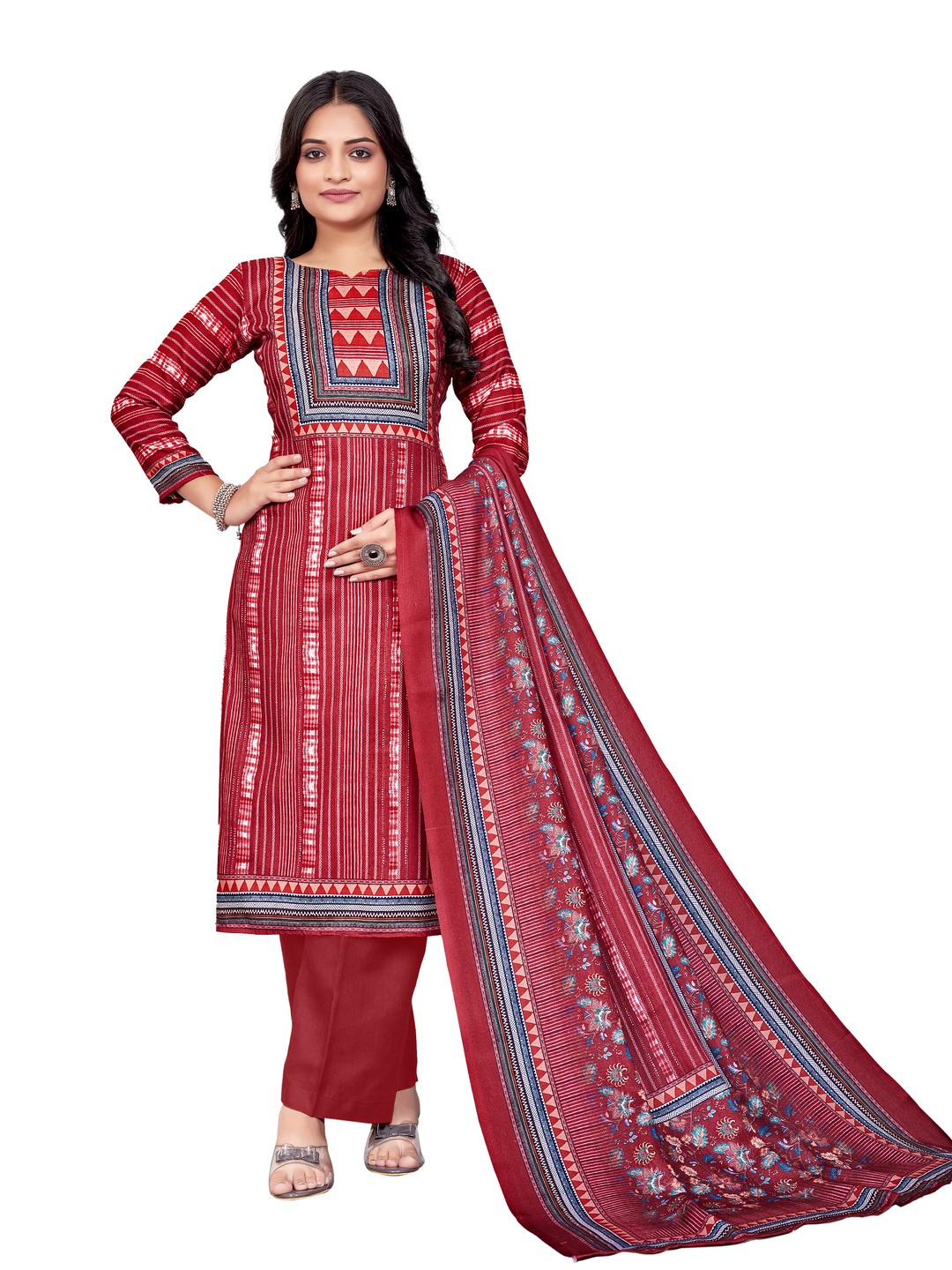 

DRAVINAM Trends Geometric Printed Pashmina Unstitched Dress Material, Red