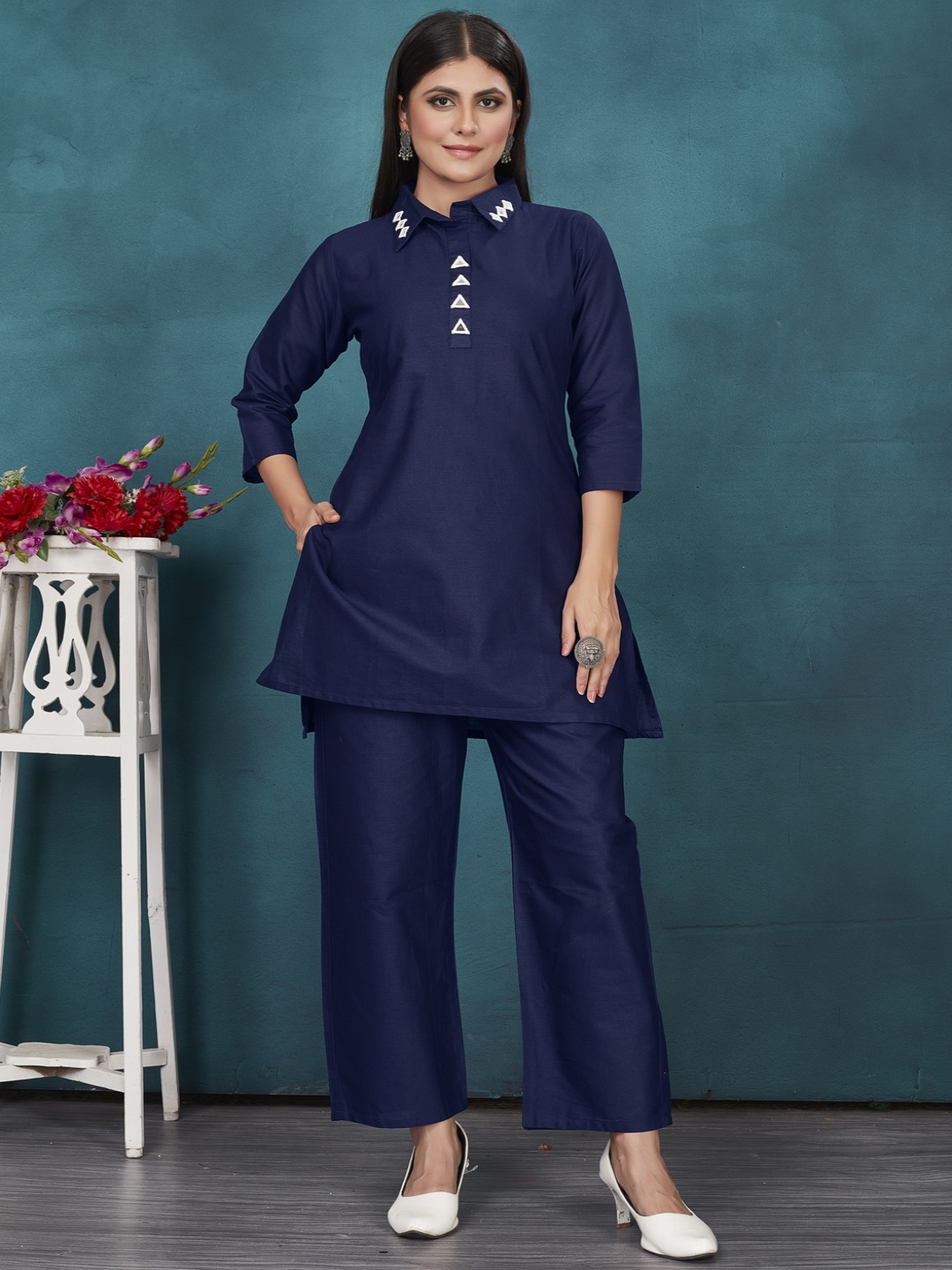 

MINGORA Pure Cotton Shirt Collar Neck Top With Trousers, Blue