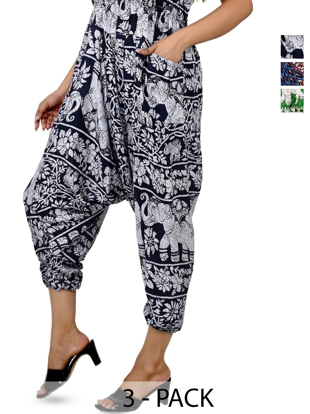 

NarNari Women Pack Of 3 Printed Mid-Rise Harem Pants, Black