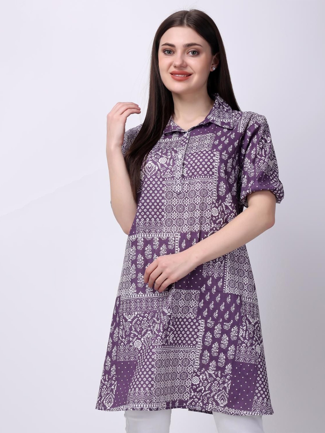 

VAAMII Women Ethnic Motifs Printed Cotton Shirt Style Top, Purple
