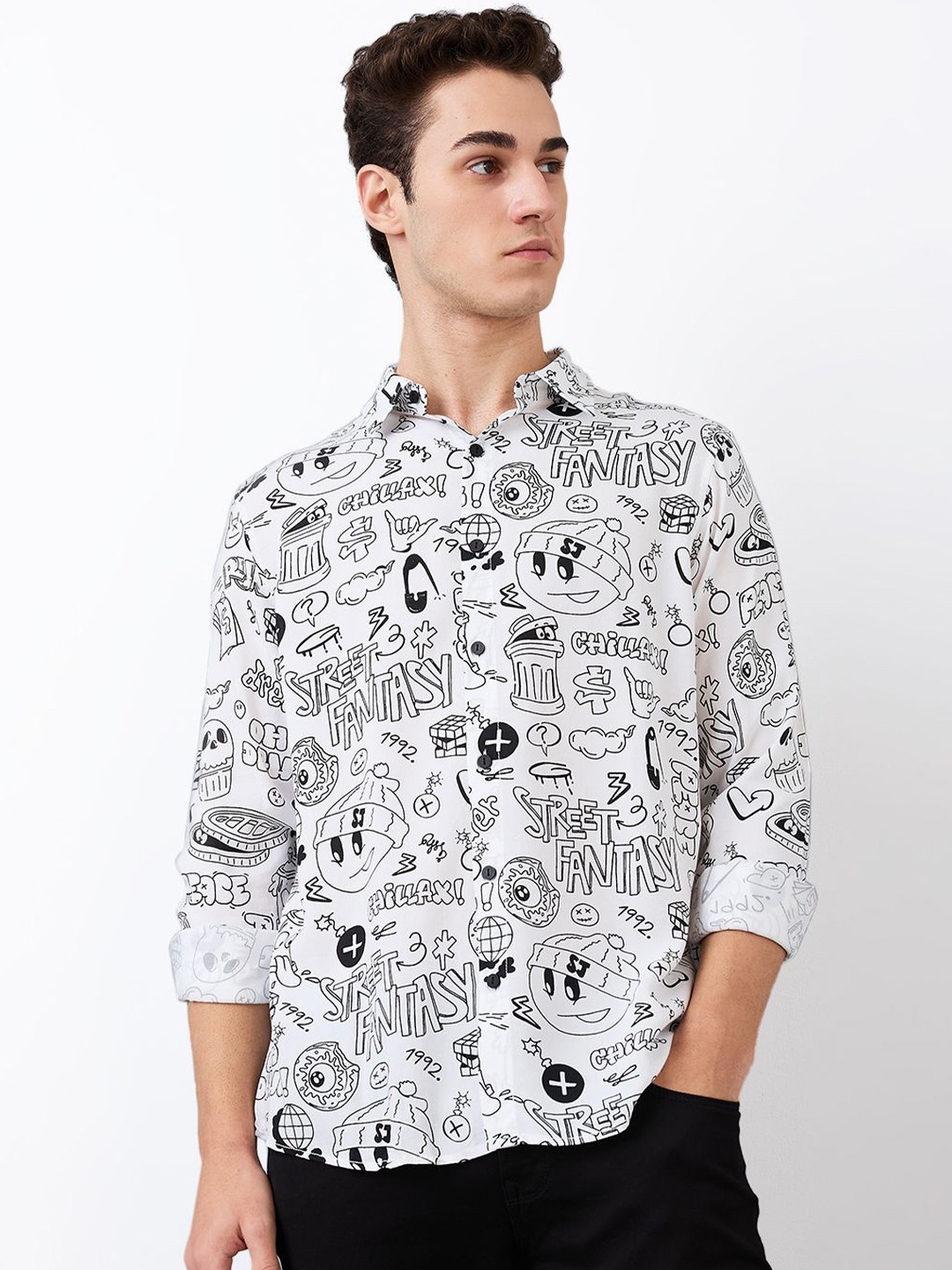

SPYKAR Men Spread Collar Graphic Printed Cotton Casual Shirt, White