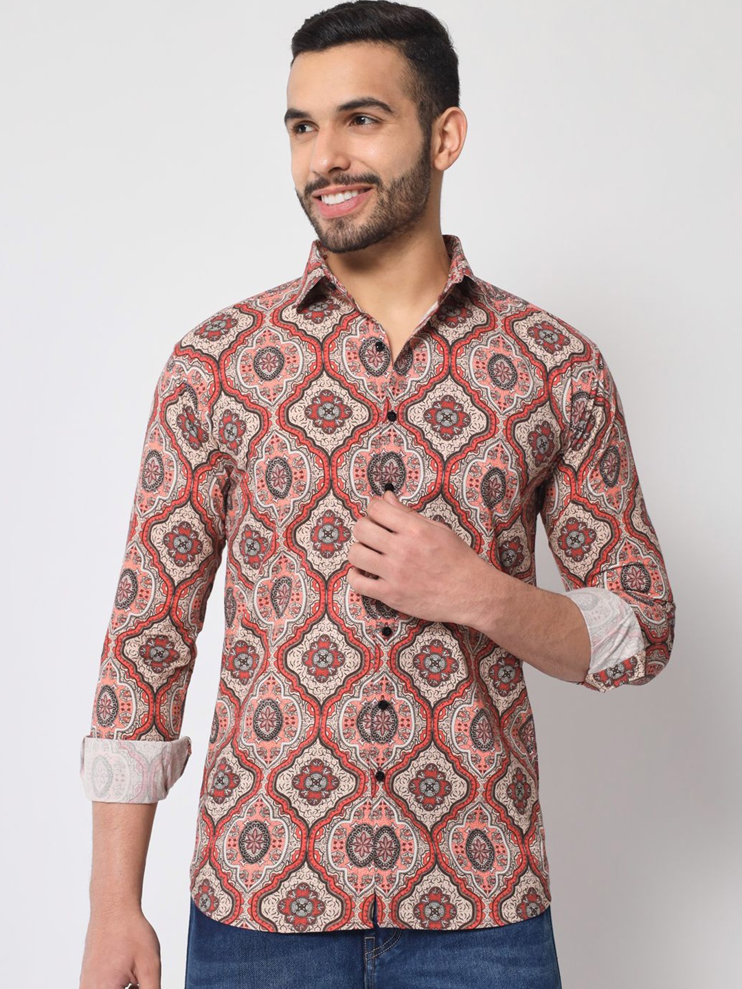 

SHANLIYA Men Classic Fit Spread Collar Ethnic Motifs Printed Cotton Casual Shirt, Beige