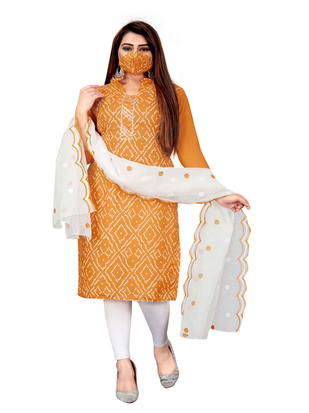 

HERE&NOW Embellished Unstitched Dress Material, Orange