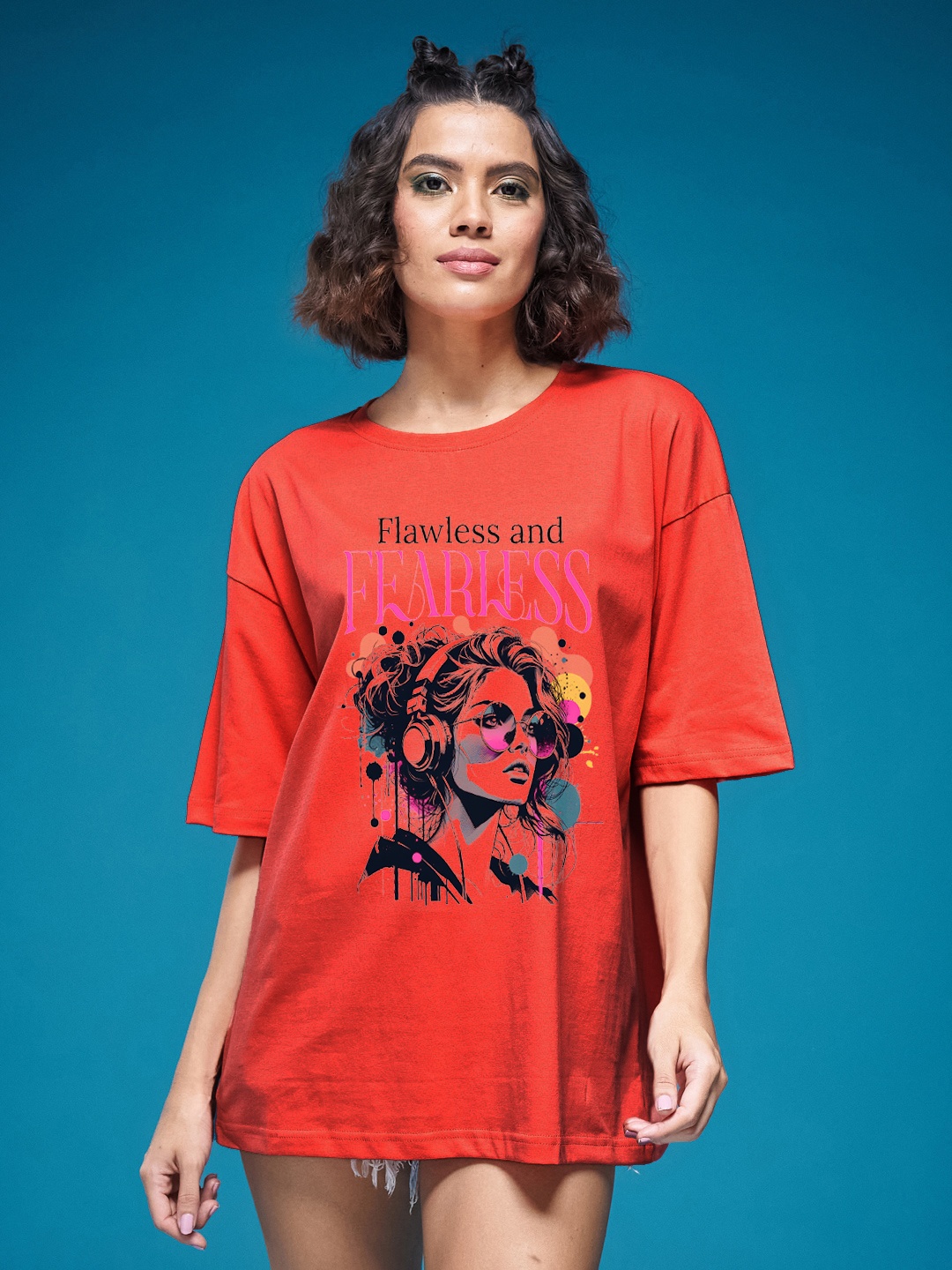 

SMARTEES Women Graphic Printed Round Neck Cotton Oversized T-shirt, Red