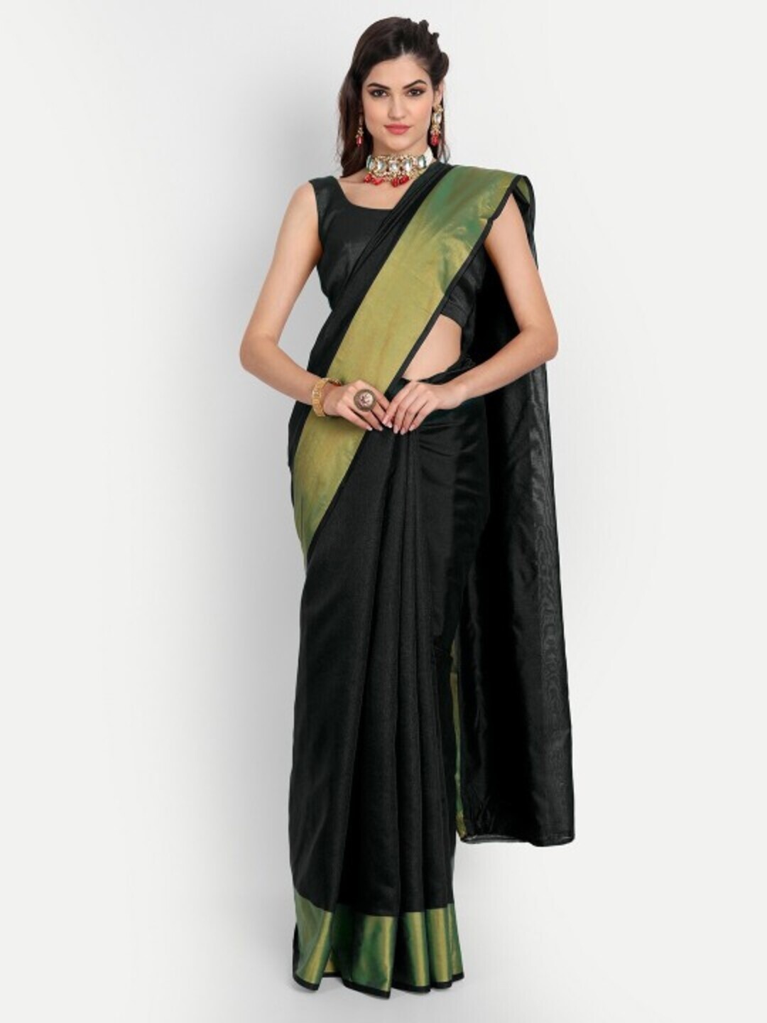 

VRAGI Woven Design Zari Saree, Black