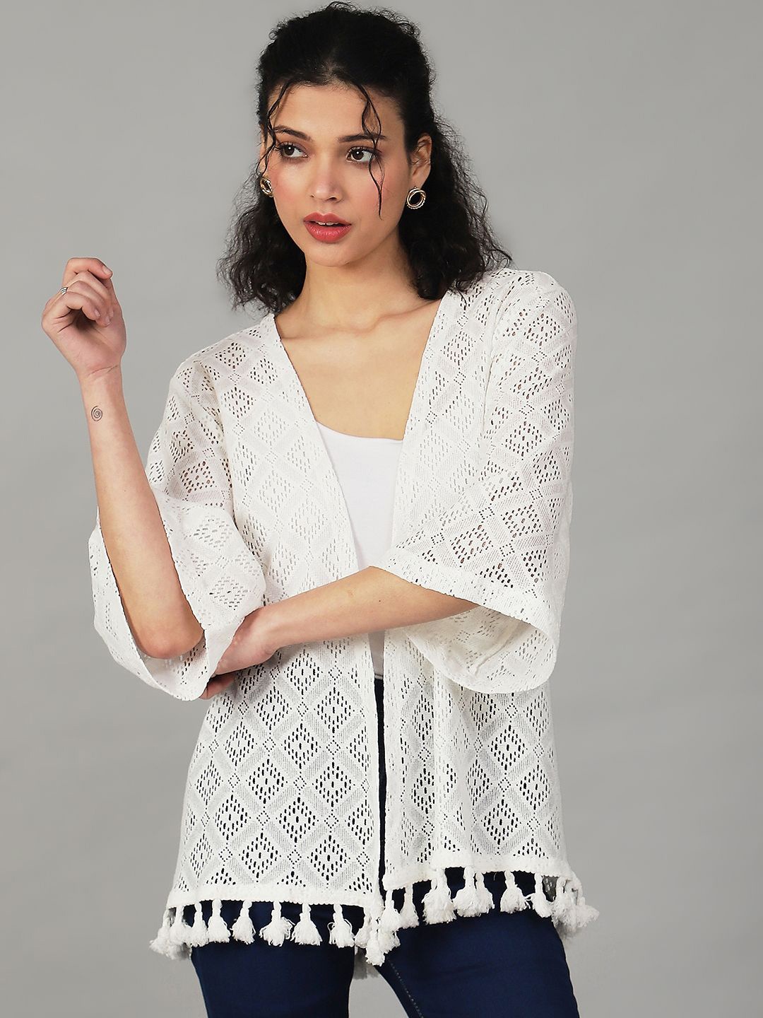 

UnaOne Women Embroidered Tie-Up Shrug, Off white
