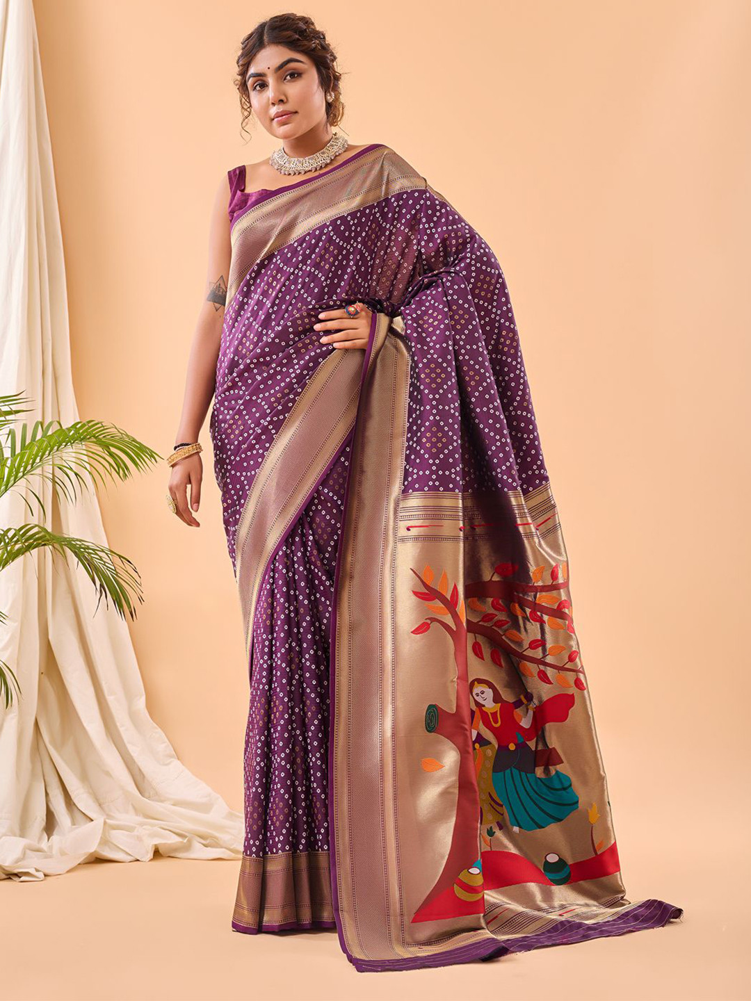 

TORONFRAS Ethnic Motifs Zari Bandhani Saree, Purple