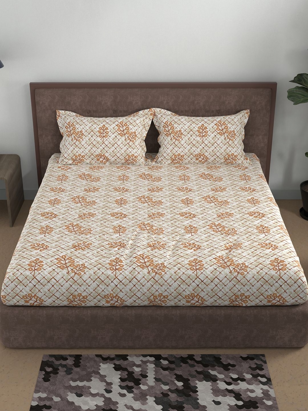 

BELLA CASA Brown & Orange Printed Cotton 180 TC Queen Bedsheet Set 2.44 m X 2.24 m