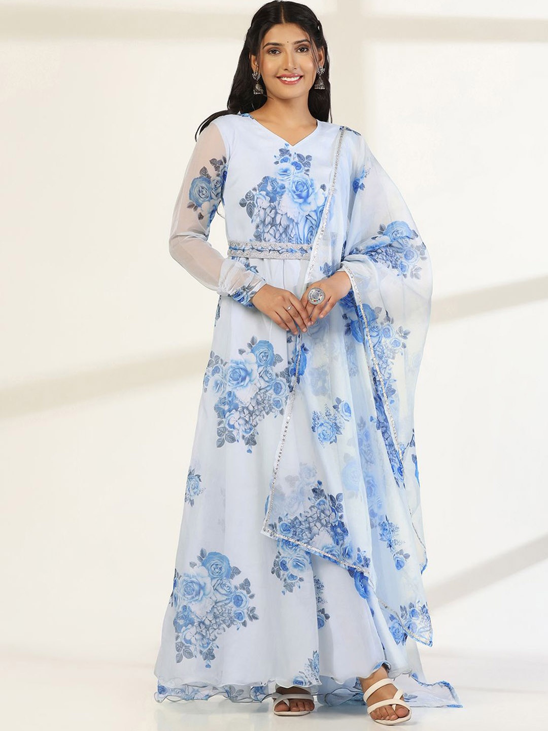 

Moda Rapido Floral Printed Maxi Ethnic Dress With Dupatta, Blue