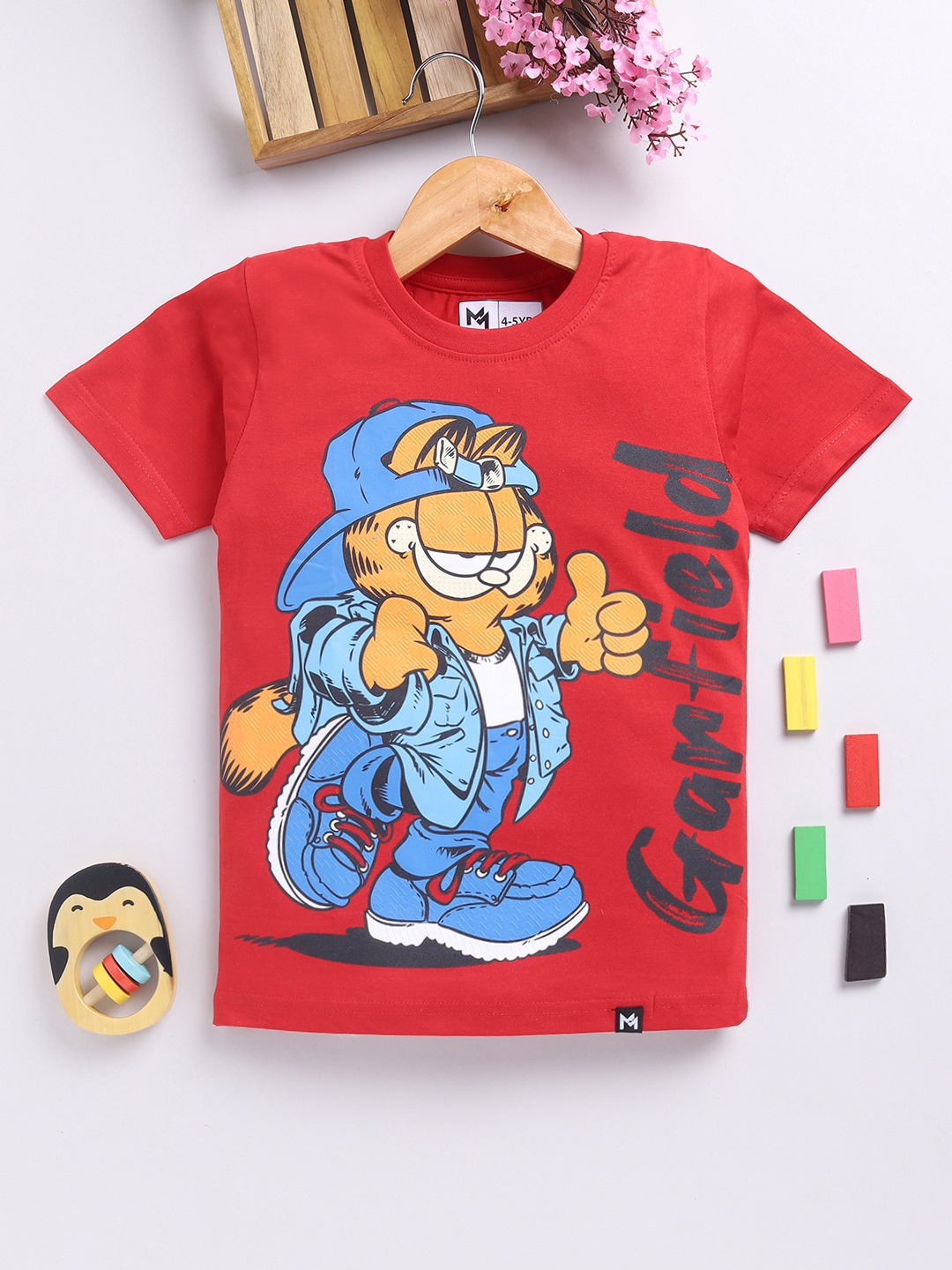 

YK X Minute Mirth Boys Garfield Graphic Printed Pure Cotton T-shirt, Red