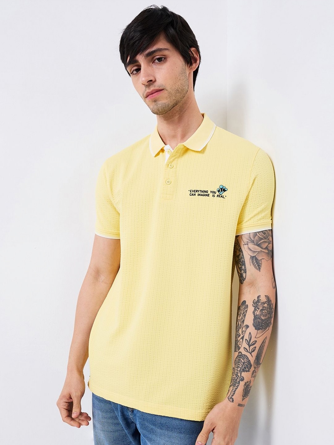 

SPYKAR Men Typography Printed Polo Collar Cotton Slim Fit T-shirt, Yellow