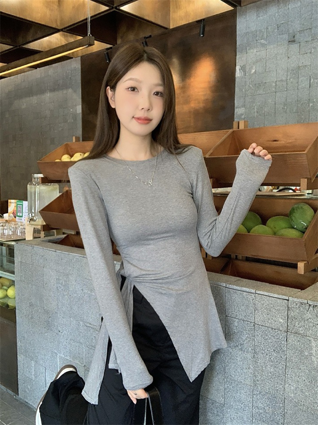 

StyleCast x Revolte Women Asymmetric Hem Long Top, Grey