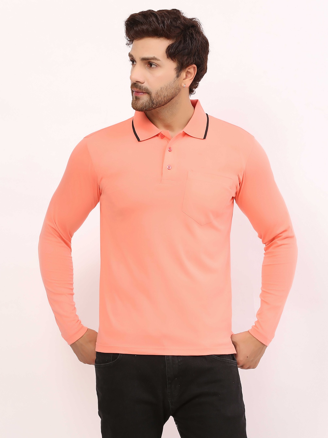 

ALARM Men Solid Polo Collar Cotton T-shirt, Peach