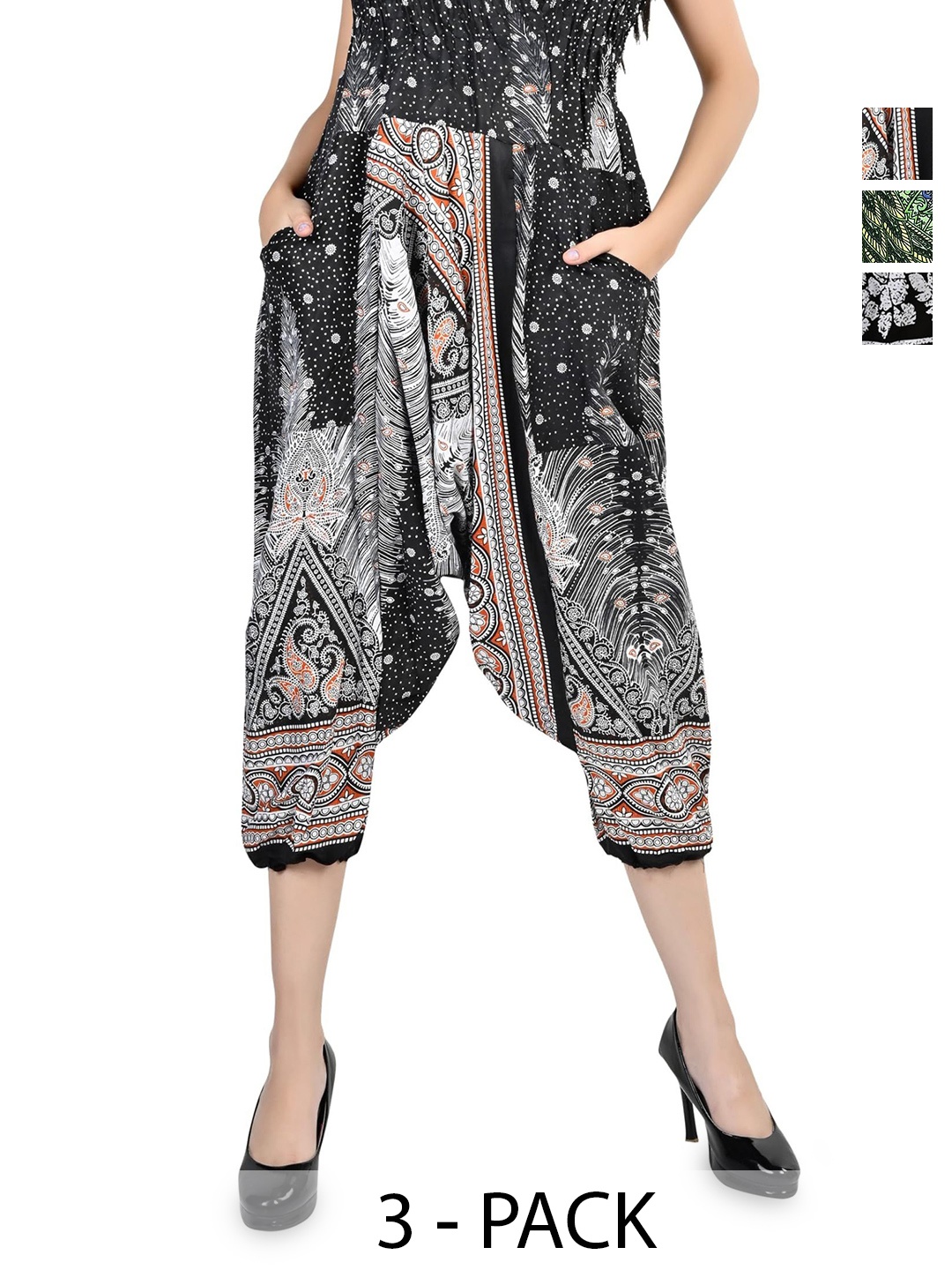 

NarNari Women Pack Of 3 Printed Mid-Rise Harem Pants, Black
