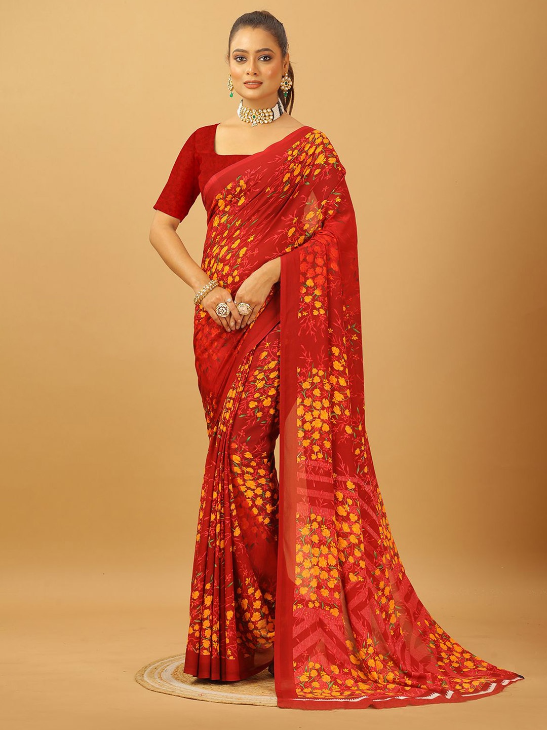 

A.V.M. SILK MILLS Floral Printed Pure Georgette Saree, Maroon