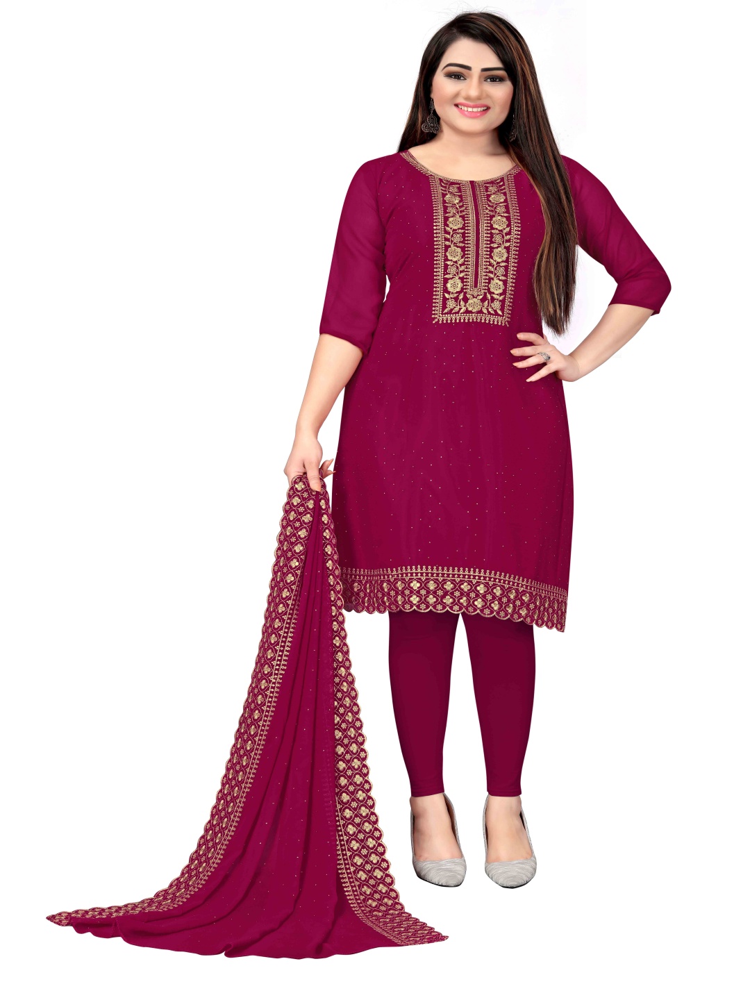 

HERE&NOW Embellished Silk Georgette Unstitched Dress Material, Pink