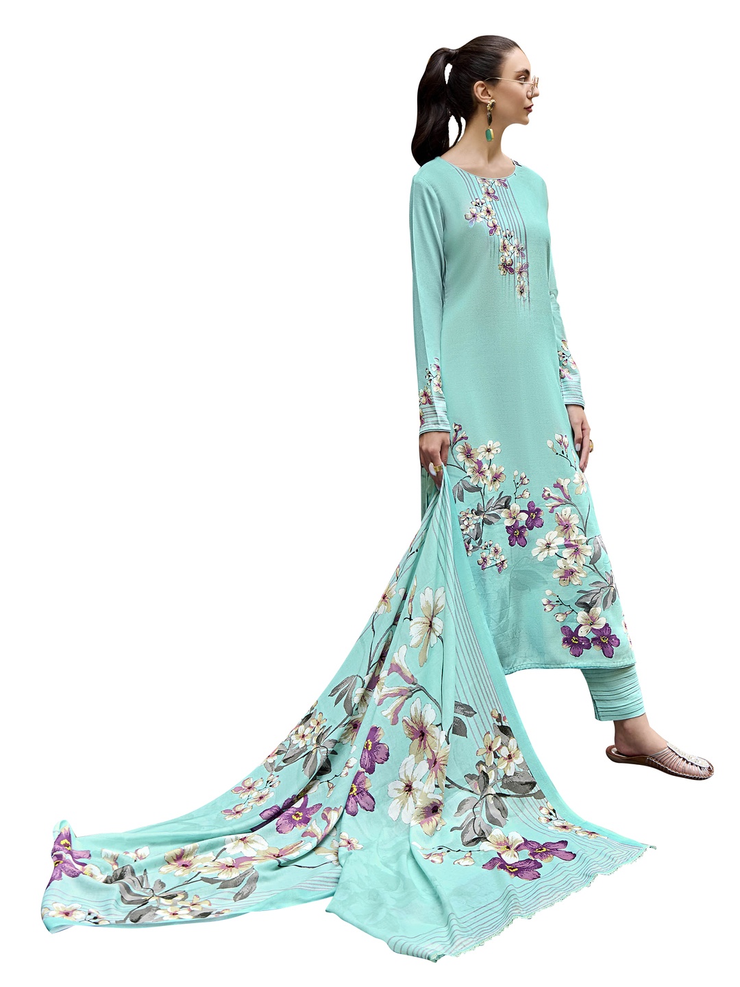

DRAVINAM Trends Floral Printed Pashmina Unstitched Dress Material, Green