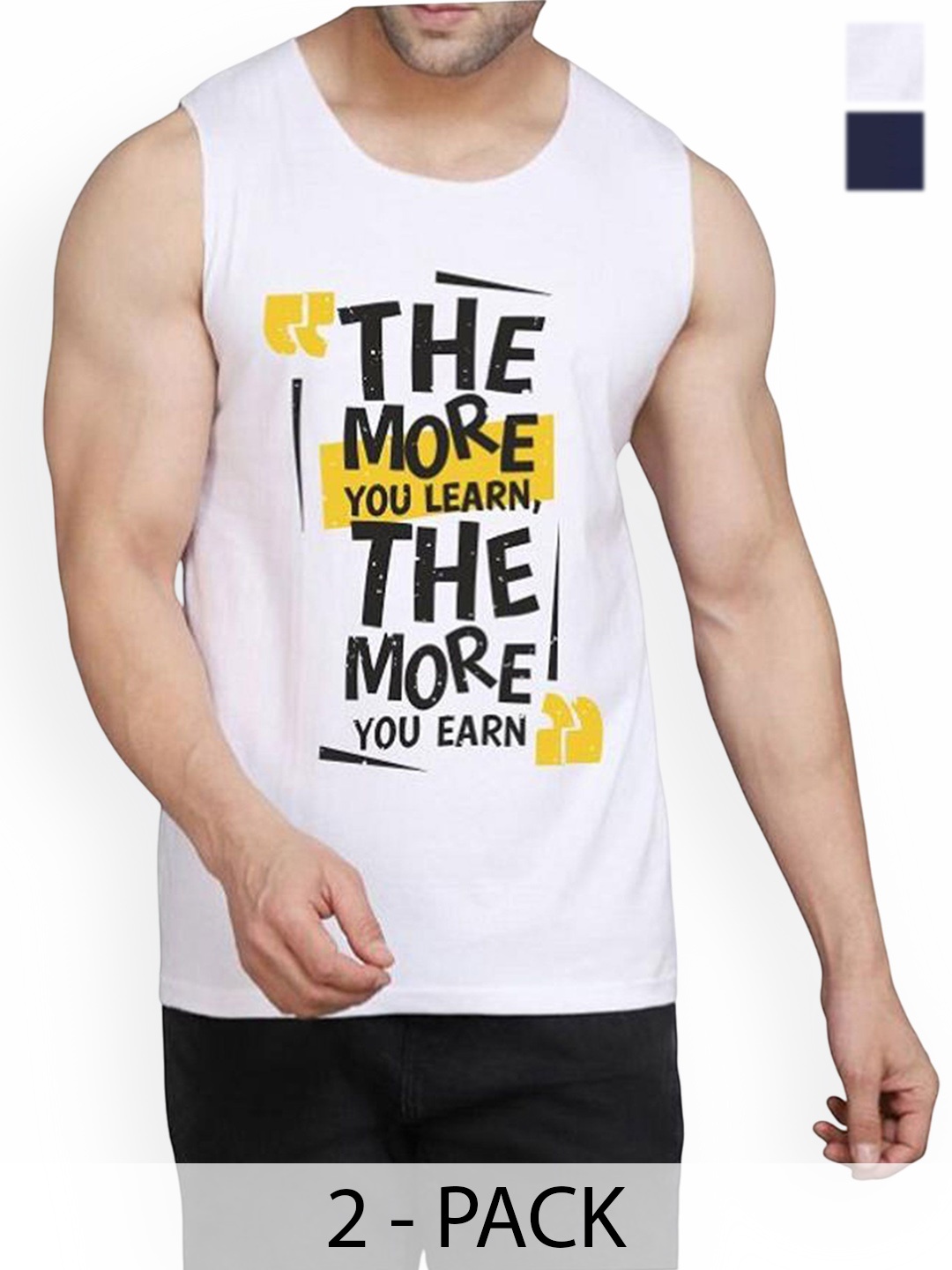 

Woostro Men Pack Of 2 Printed Cotton Gym Vests, Navy blue