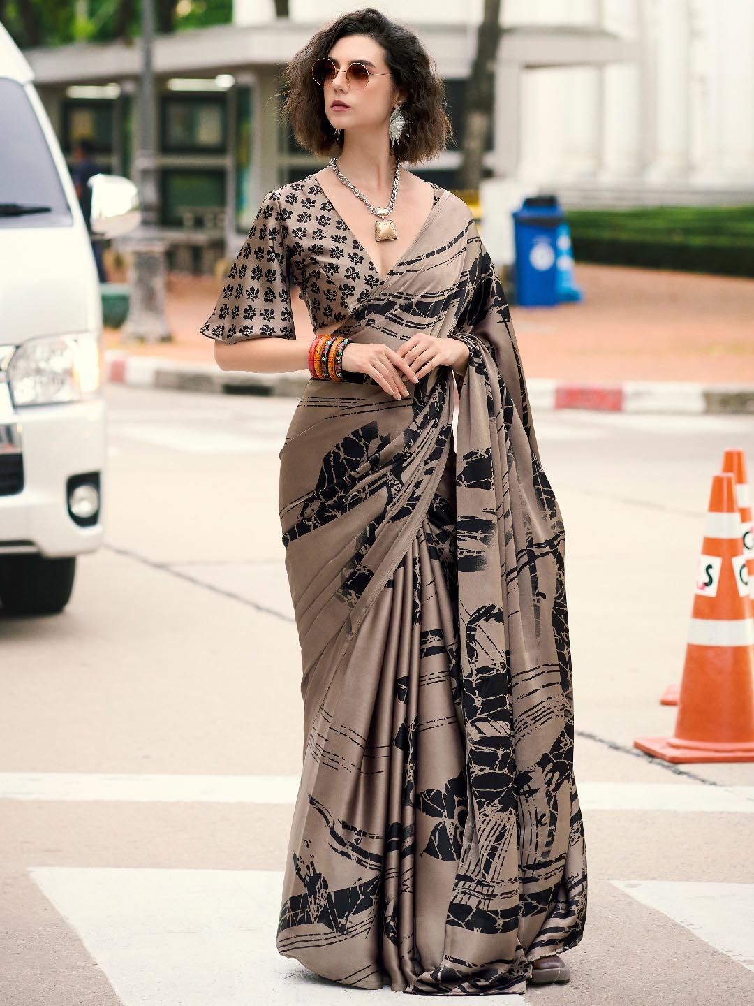 

Panzora Ethnic Motifs Satin Saree, Coffee brown