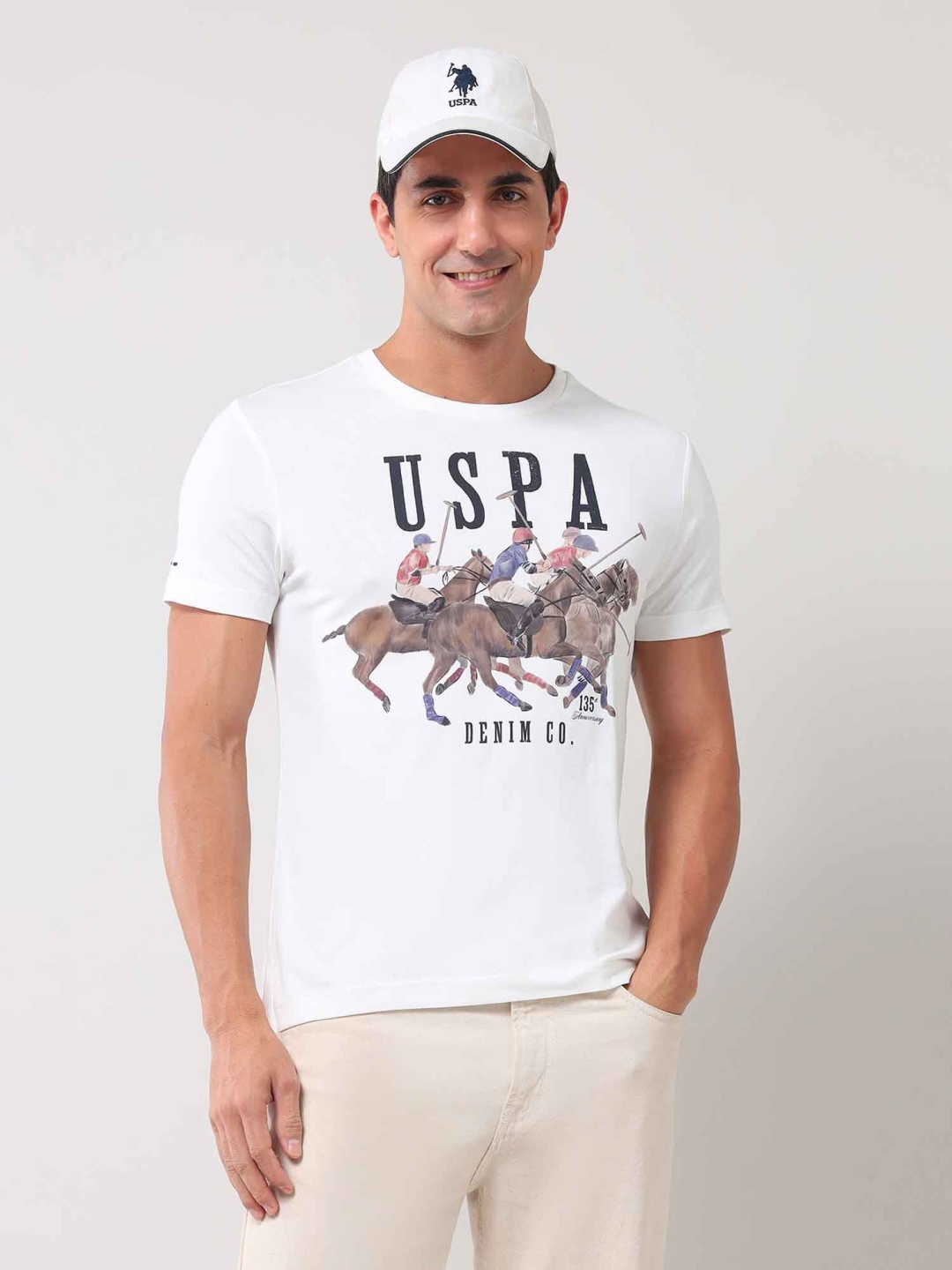 

U.S. Polo Assn. Denim Co. Men Graphic Printed Round Neck Cotton Slim Fit T-shirt, White