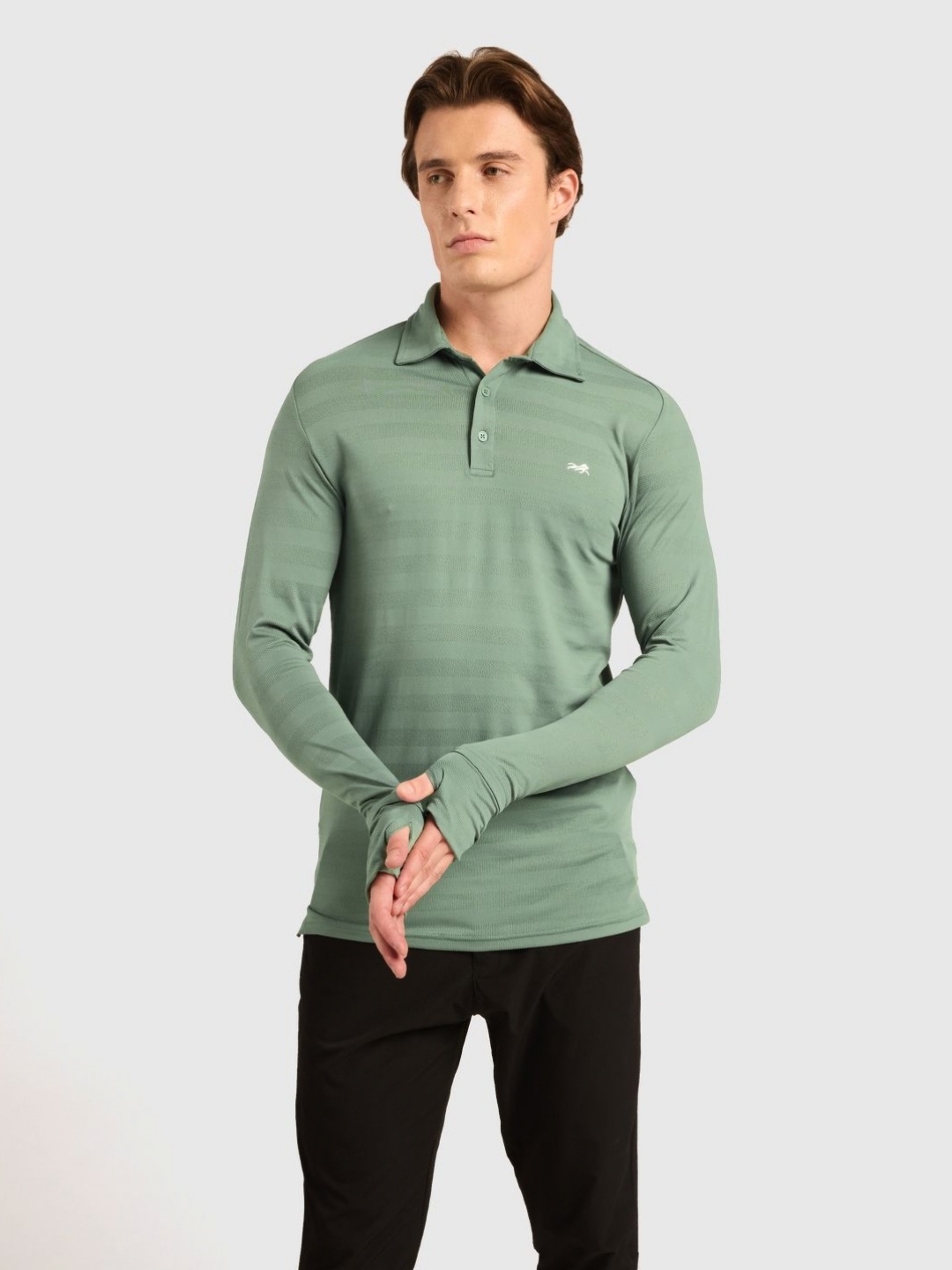 

Musclemind Men Striped Polo Collar T-shirt, Green