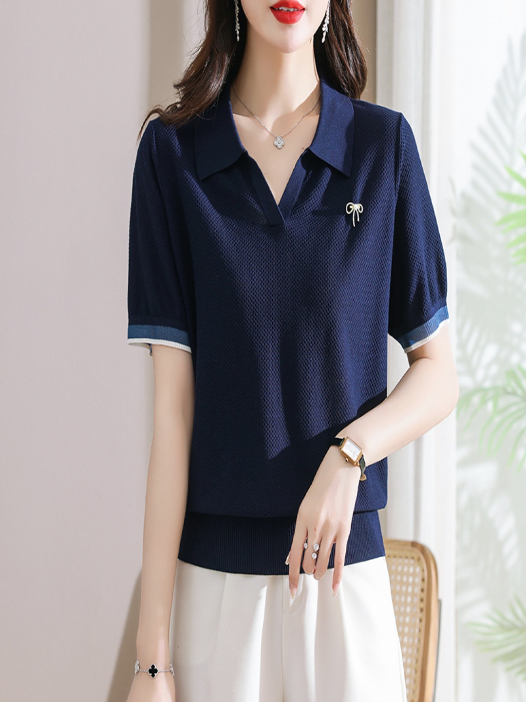 

StyleCast Women Solid Polo Collar T-shirt, Navy blue