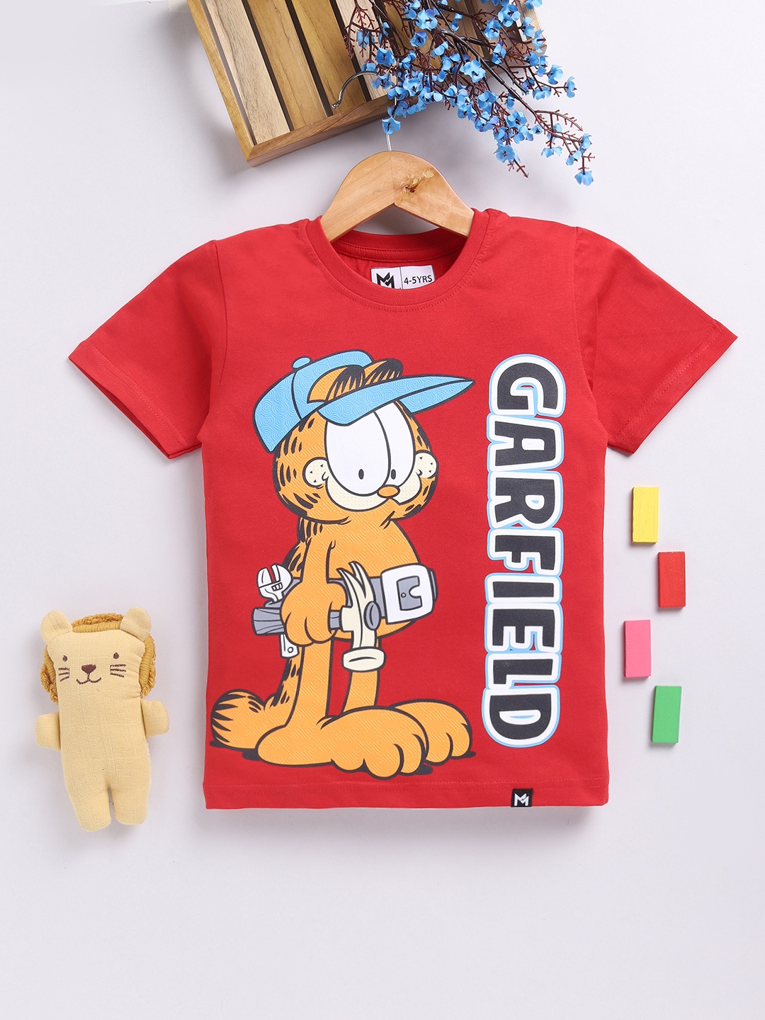 

YK X Minute Mirth Boys Garfield Graphic Printed Pure Cotton T-shirt, Red