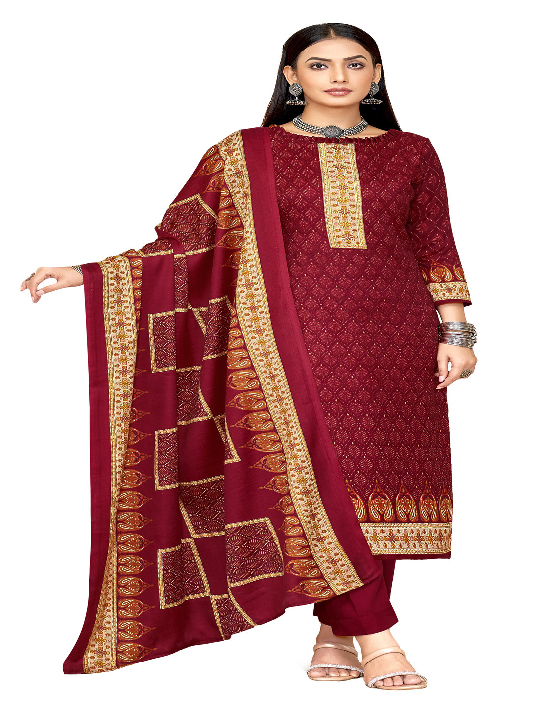 

DRAVINAM Trends Ethnic Motifs Printed Pashmina Unstitched Dress Material, Red