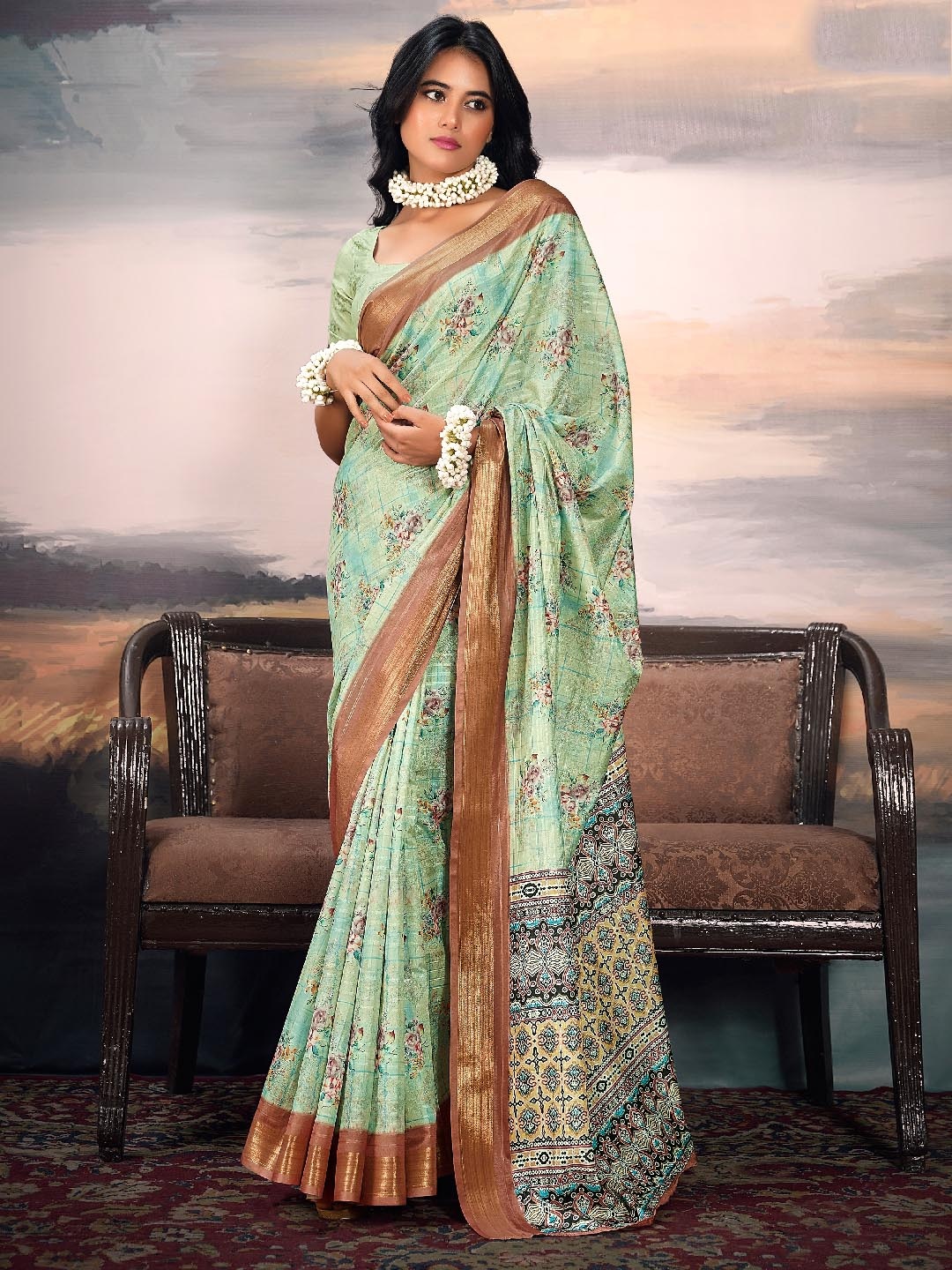 

Panzora Floral Printed Zari Saree, Green